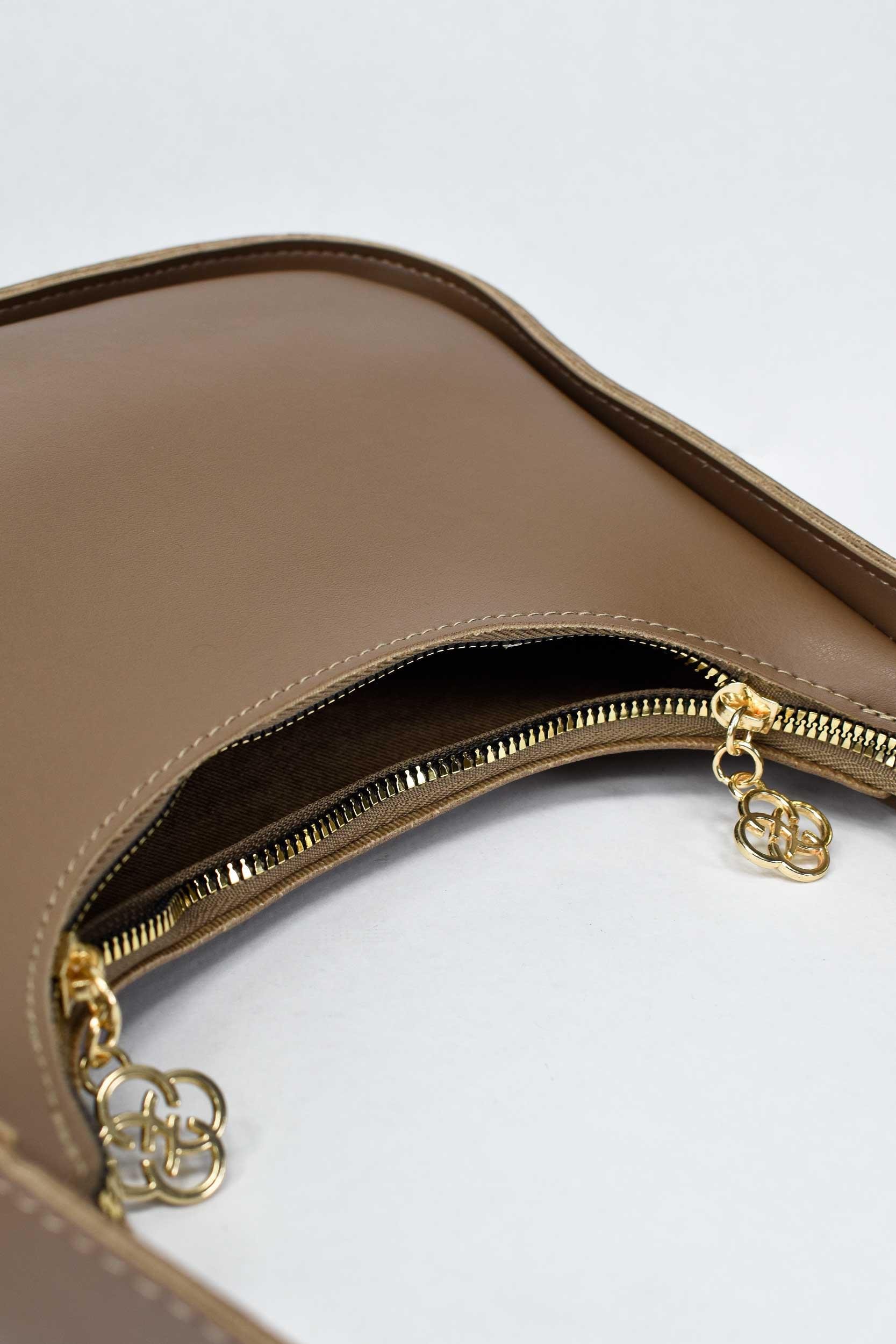 Kadın Deri Çiçek Fermuar Detaylı El ve Omuz Çantası - Kahve