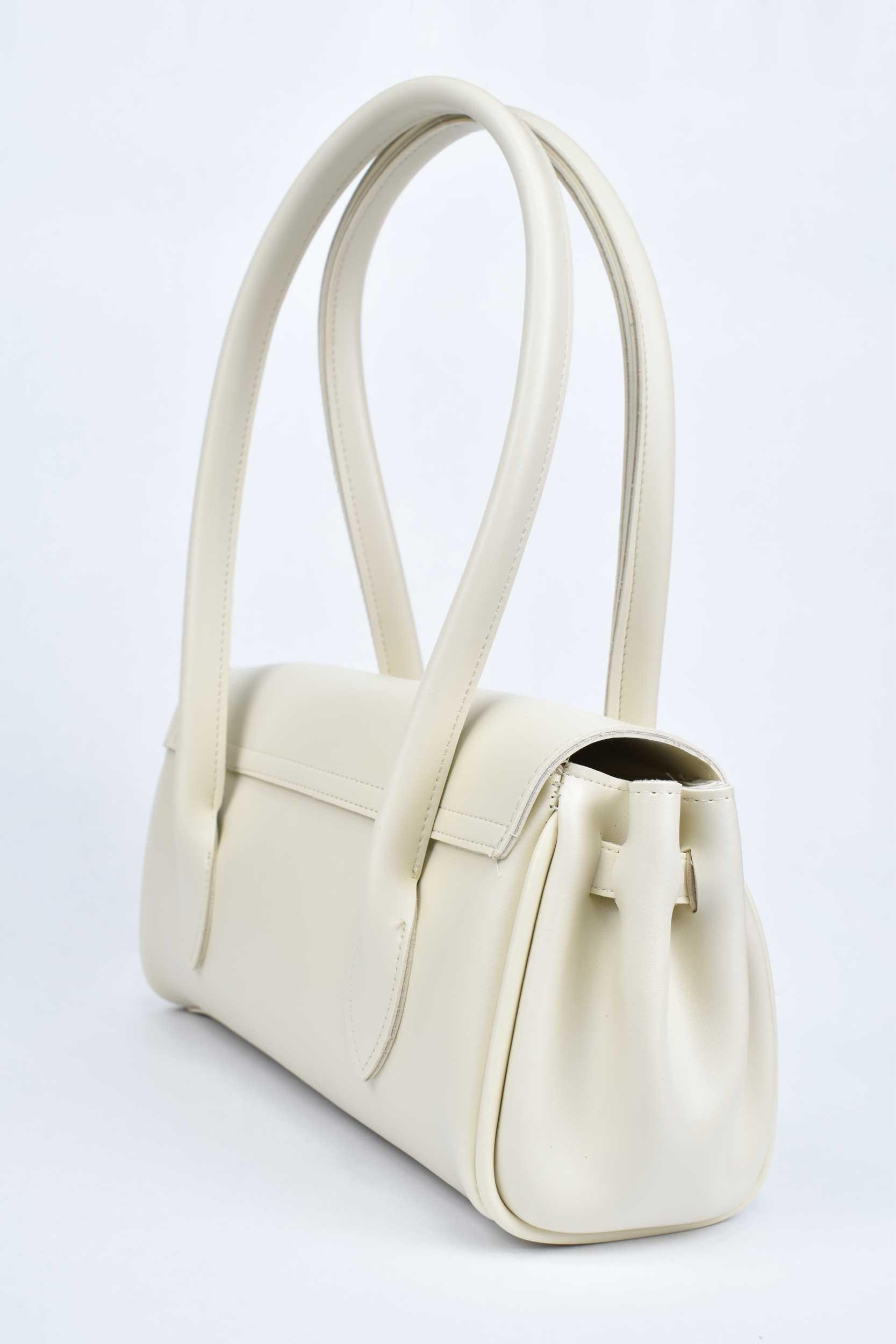 Kadın Deri Kare Toka Detaylı El ve Omuz Çantası - Krem