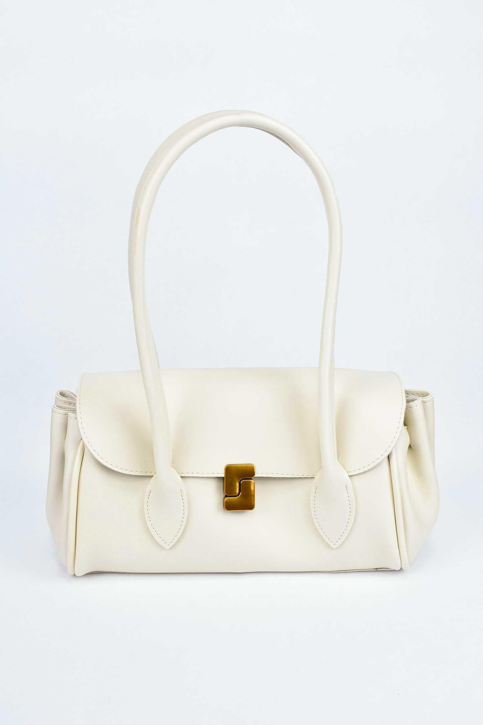 Kadın Deri Kare Toka Detaylı El ve Omuz Çantası - Krem