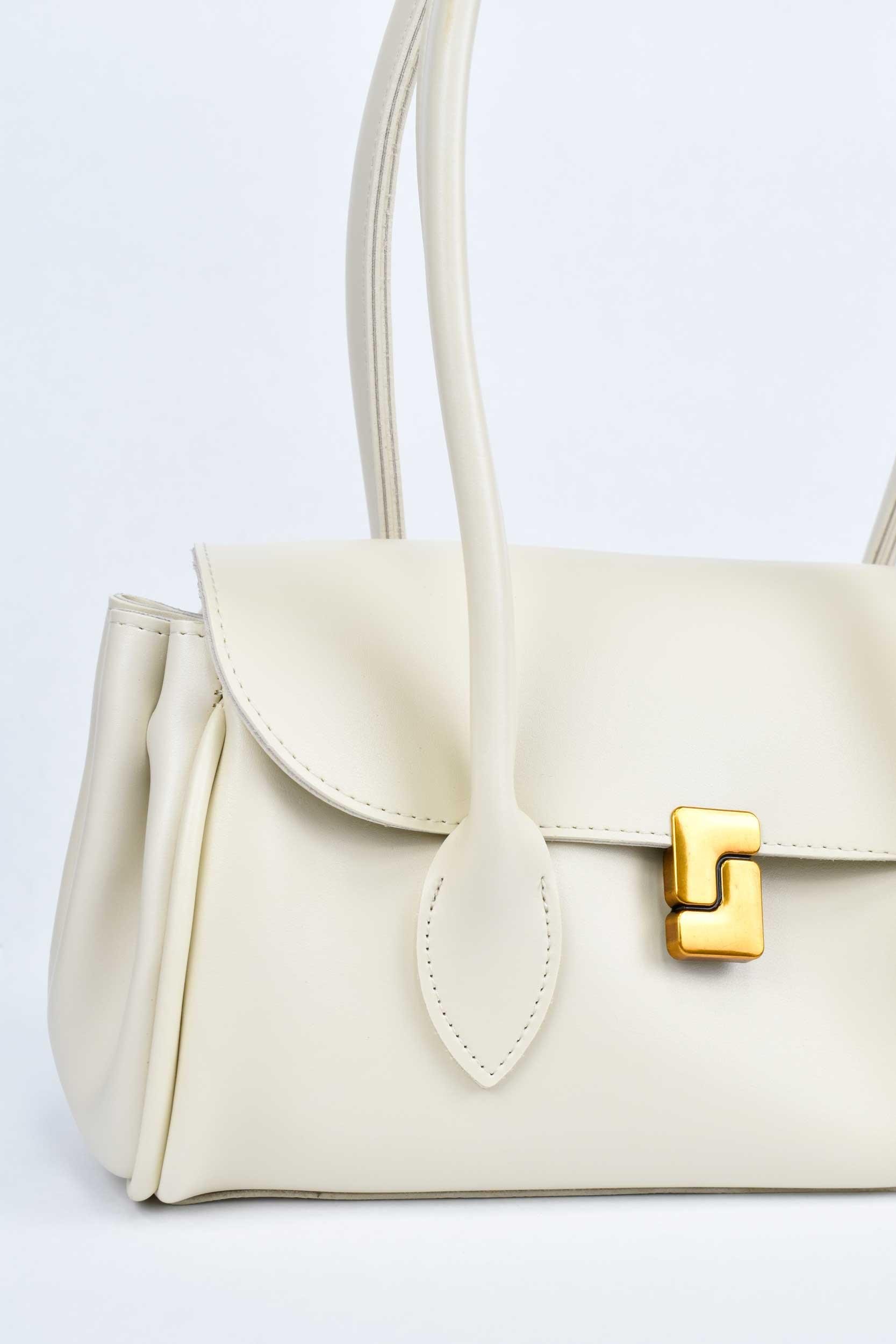 Kadın Deri Kare Toka Detaylı El ve Omuz Çantası - Krem