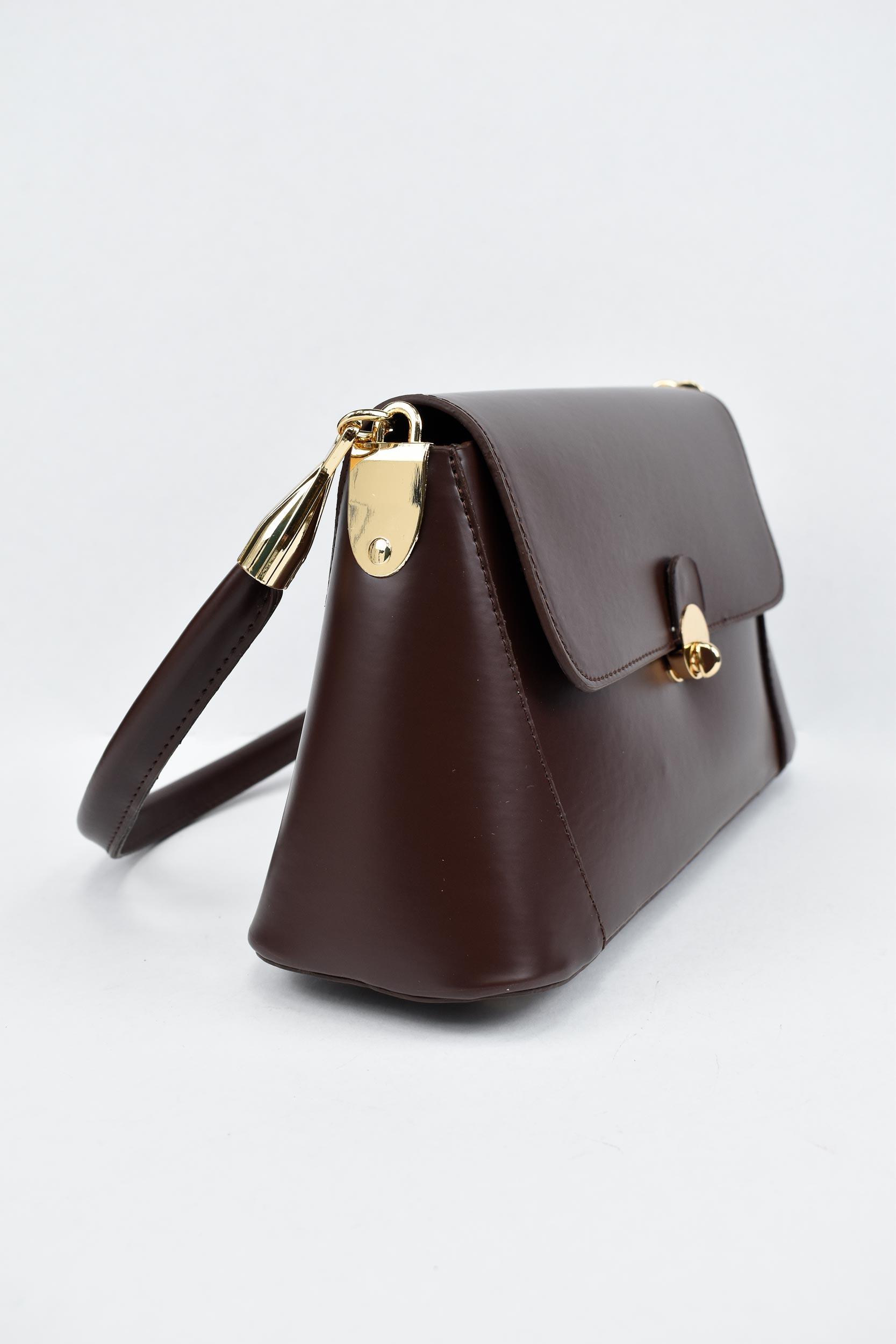 Kadın Deri Kilit Detaylı El ve Omuz Çantası - Acı Kahve