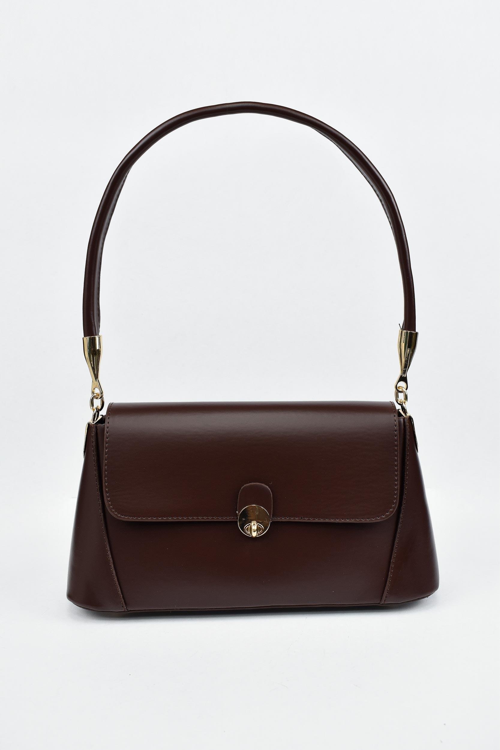 Kadın Deri Kilit Detaylı El ve Omuz Çantası - Acı Kahve