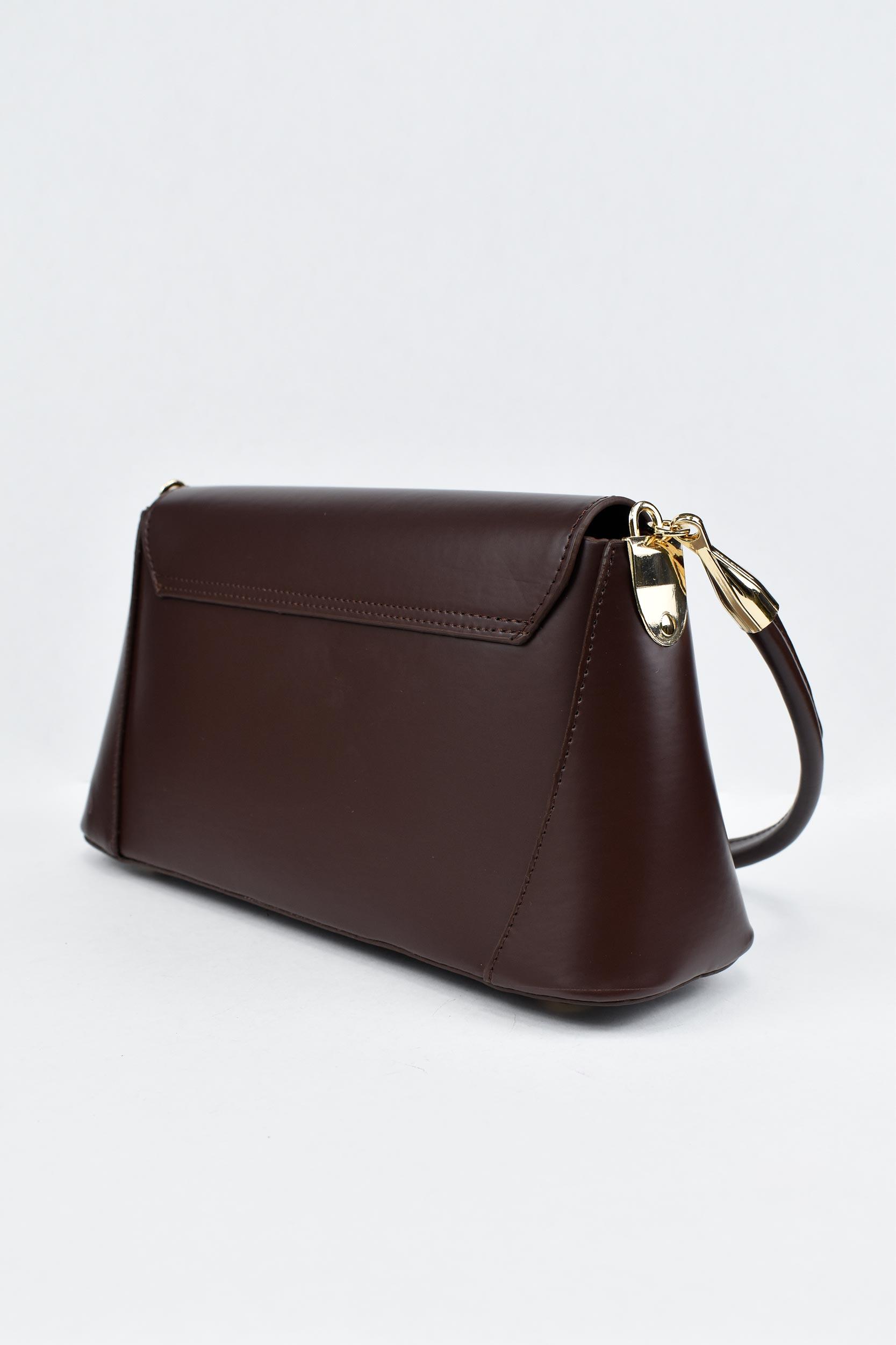 Kadın Deri Kilit Detaylı El ve Omuz Çantası - Acı Kahve