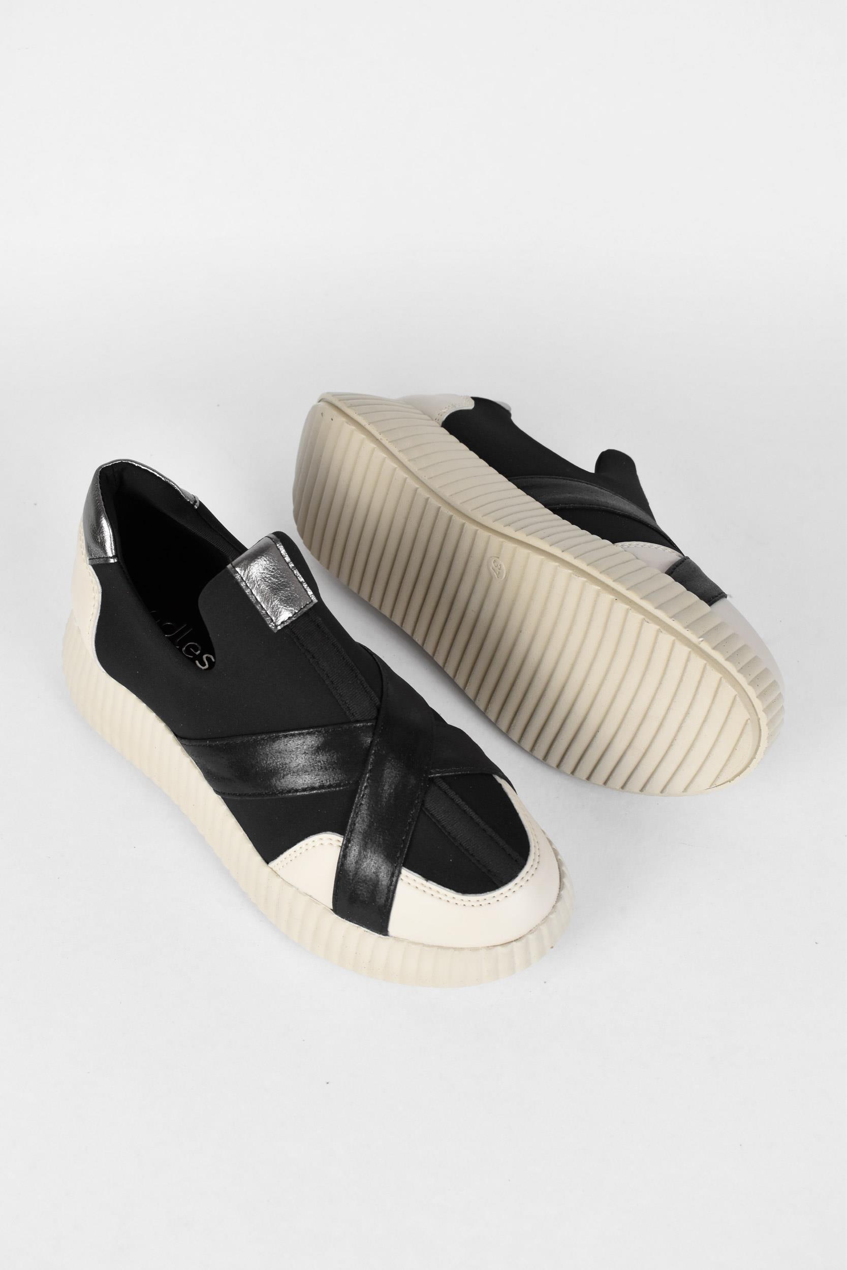 Kadın Simli Çapraz Bantlı Yüksek Taban Sneaker Ayakkabı - Bej