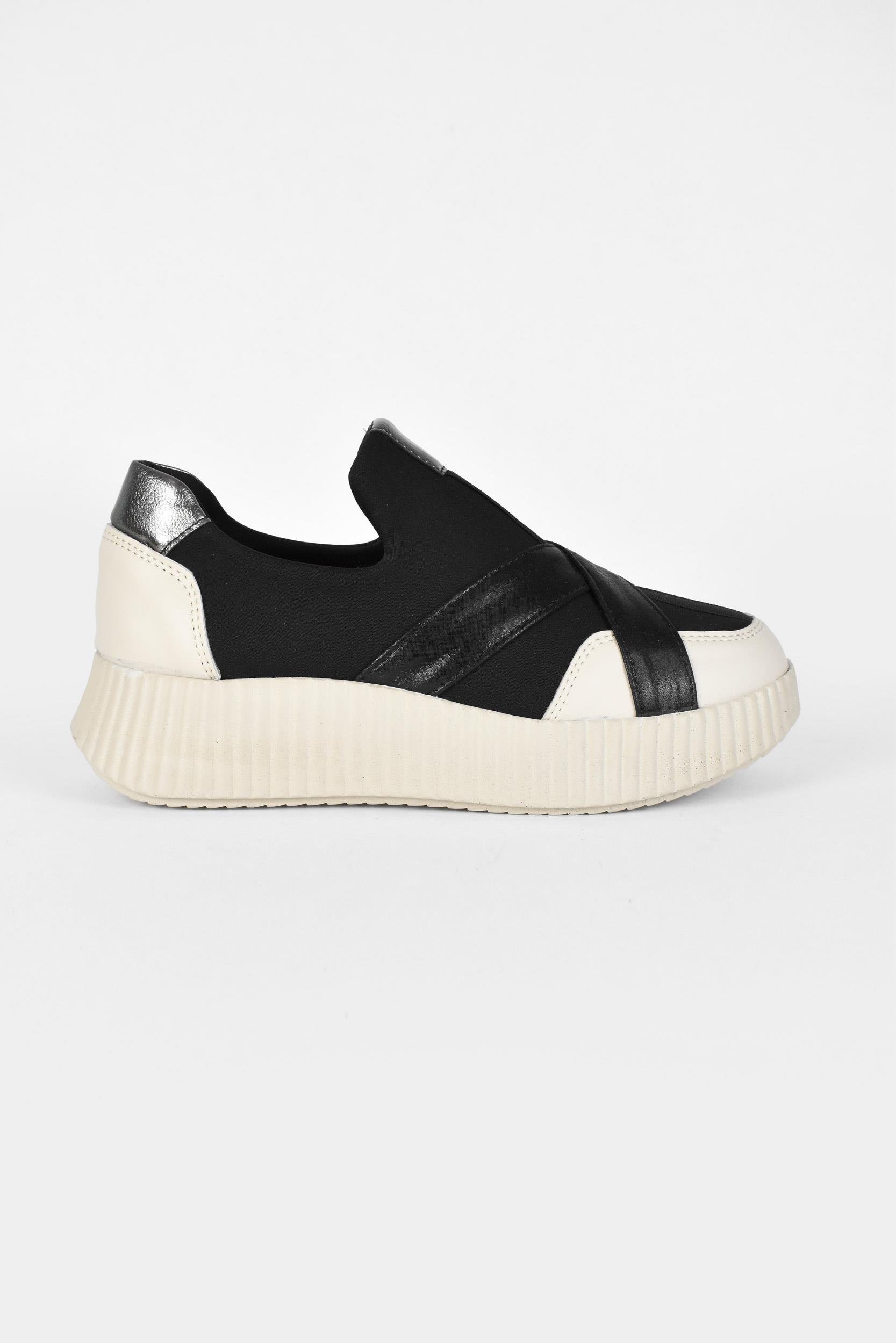 Kadın Simli Çapraz Bantlı Yüksek Taban Sneaker Ayakkabı - Bej