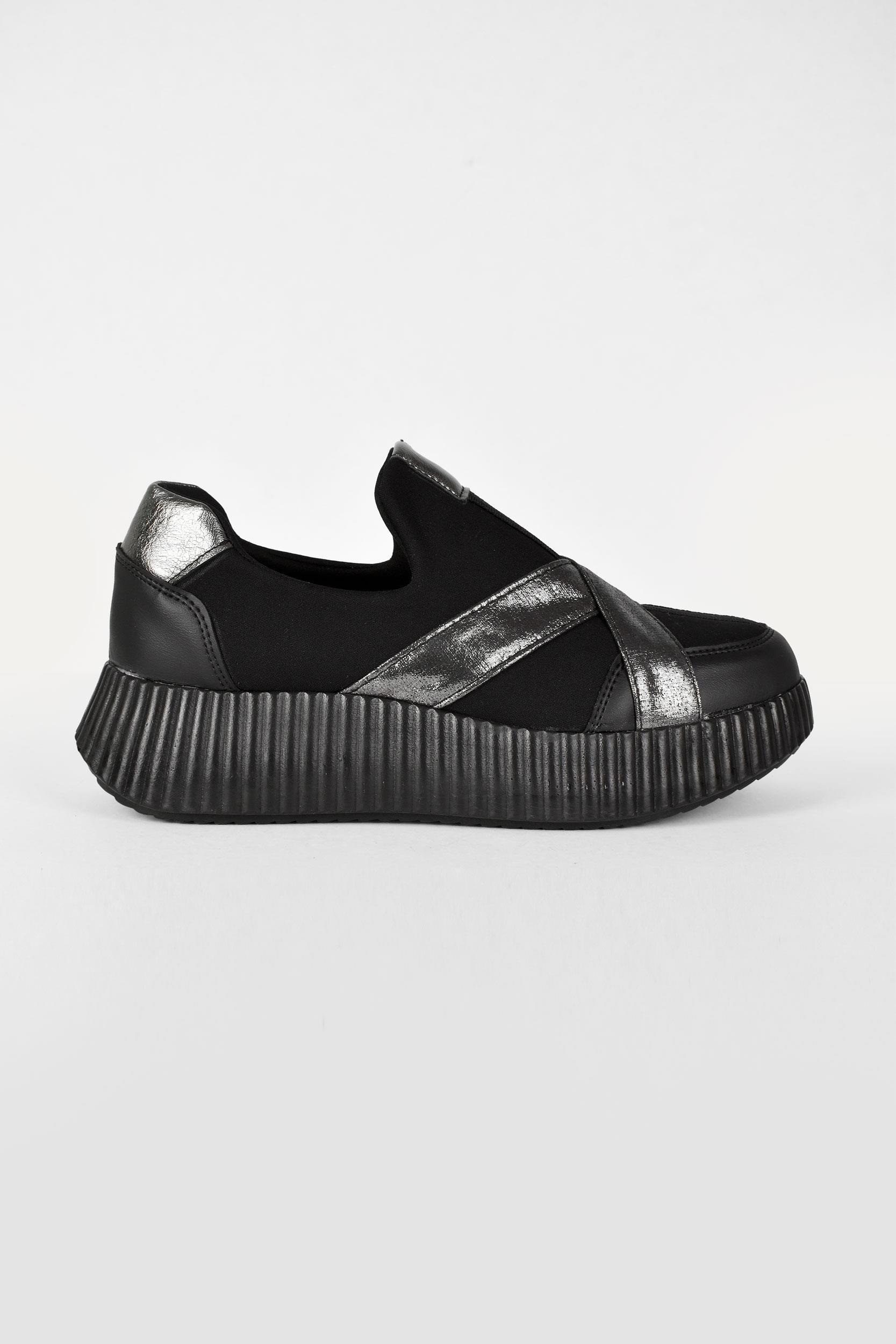 Kadın Simli Çapraz Bantlı Yüksek Taban Sneaker Ayakkabı - Siyah