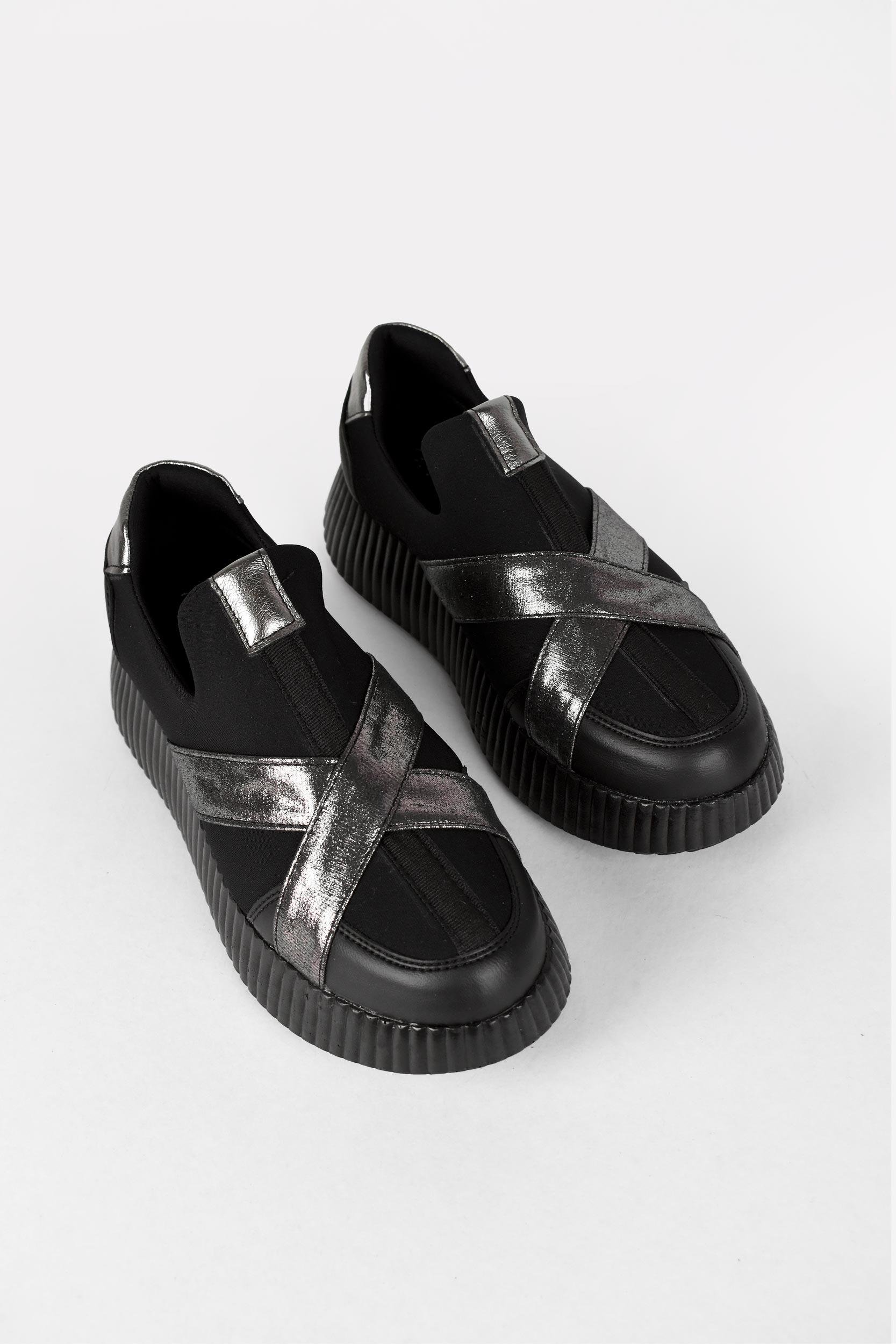 Kadın Simli Çapraz Bantlı Yüksek Taban Sneaker Ayakkabı - Siyah