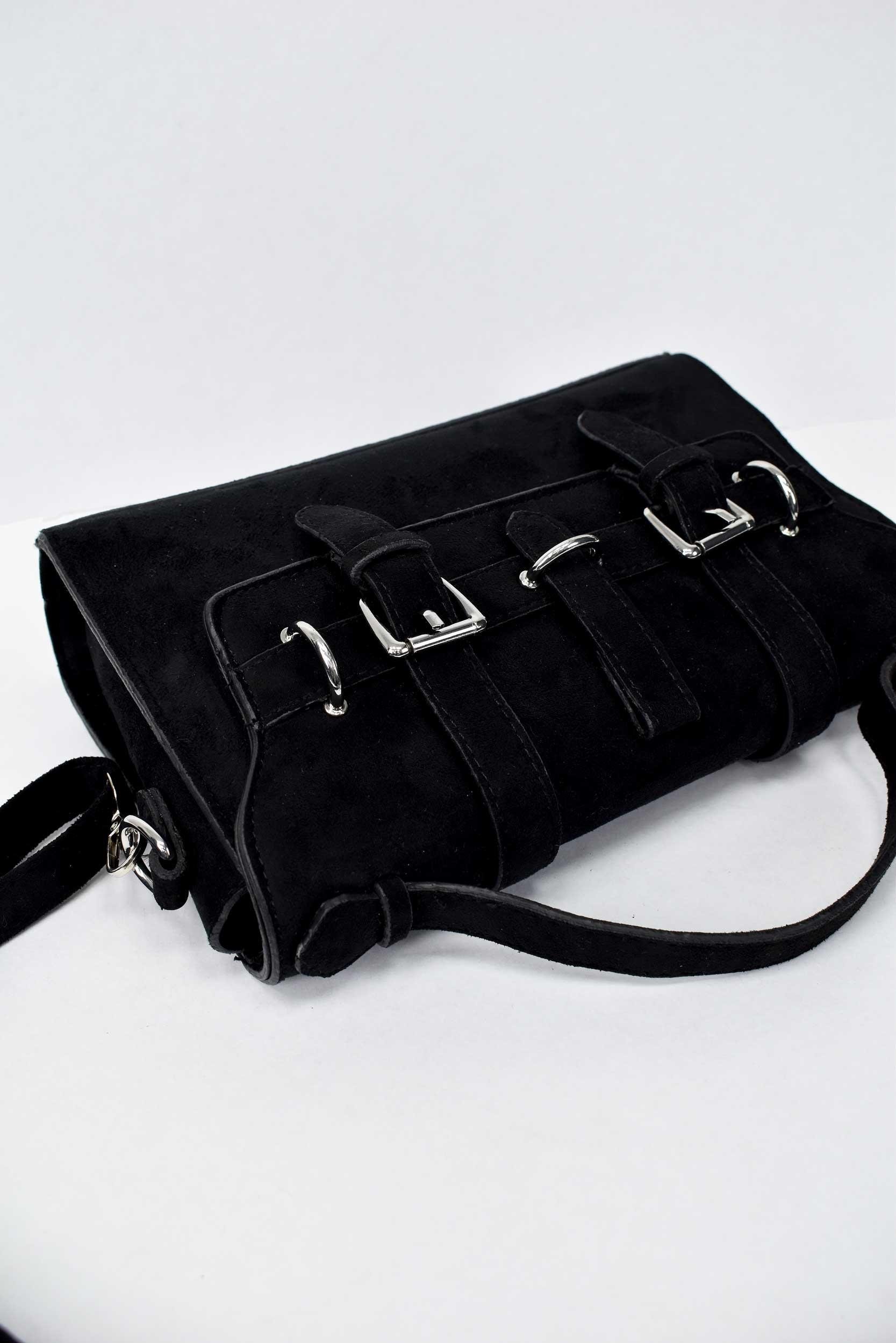 Kadın Süet Kemer Detaylı El ve Omuz Çantası - Siyah