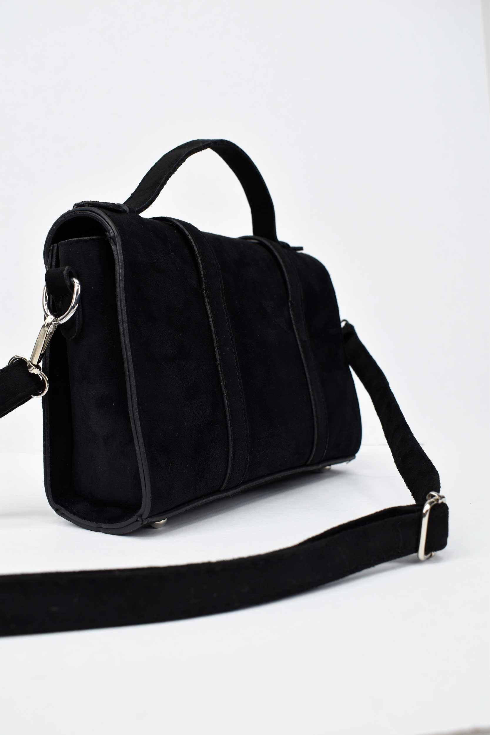 Kadın Süet Kemer Detaylı El ve Omuz Çantası - Siyah