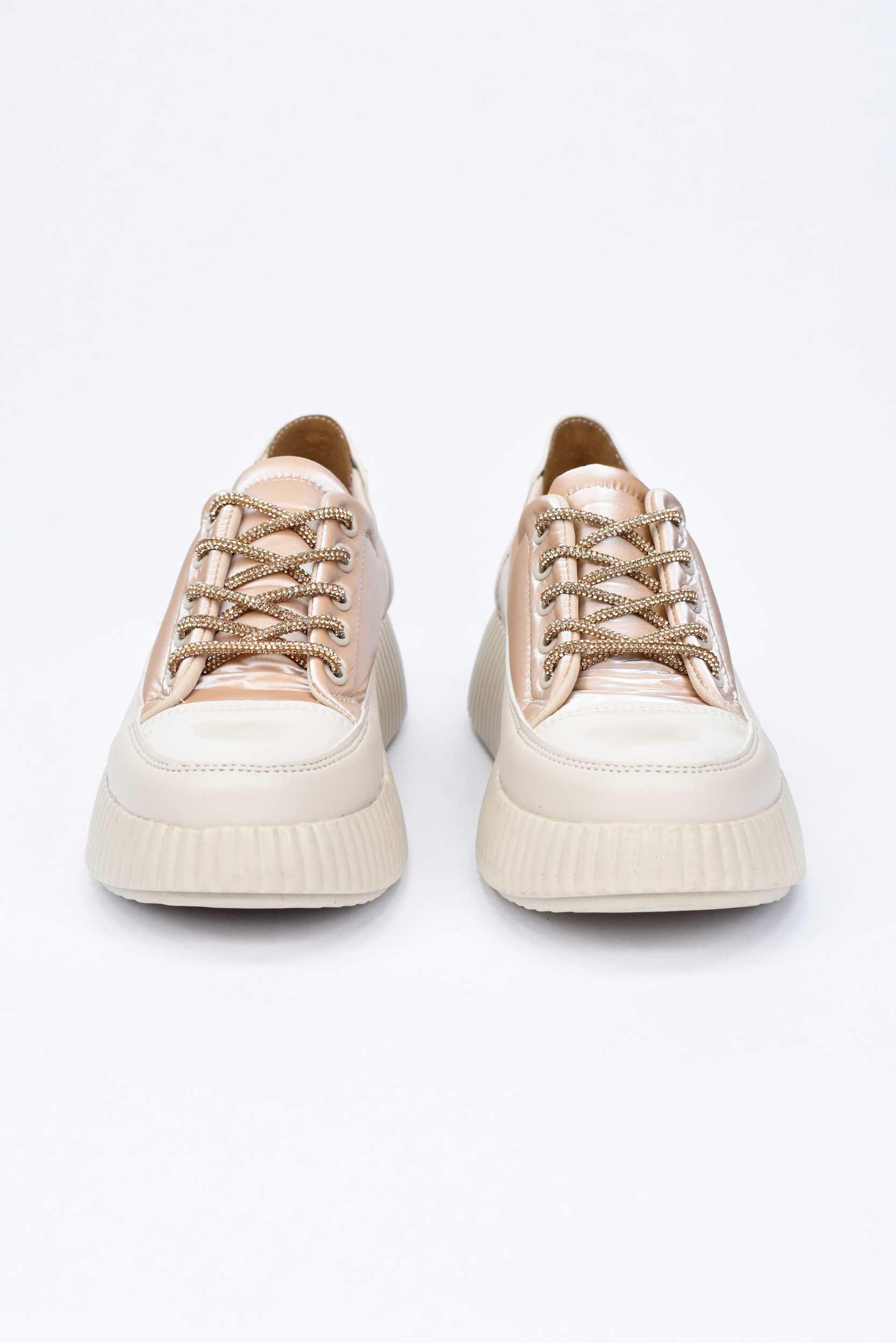 Kadın Taşlı Bağcıklı Rugan Sneaker- Bej