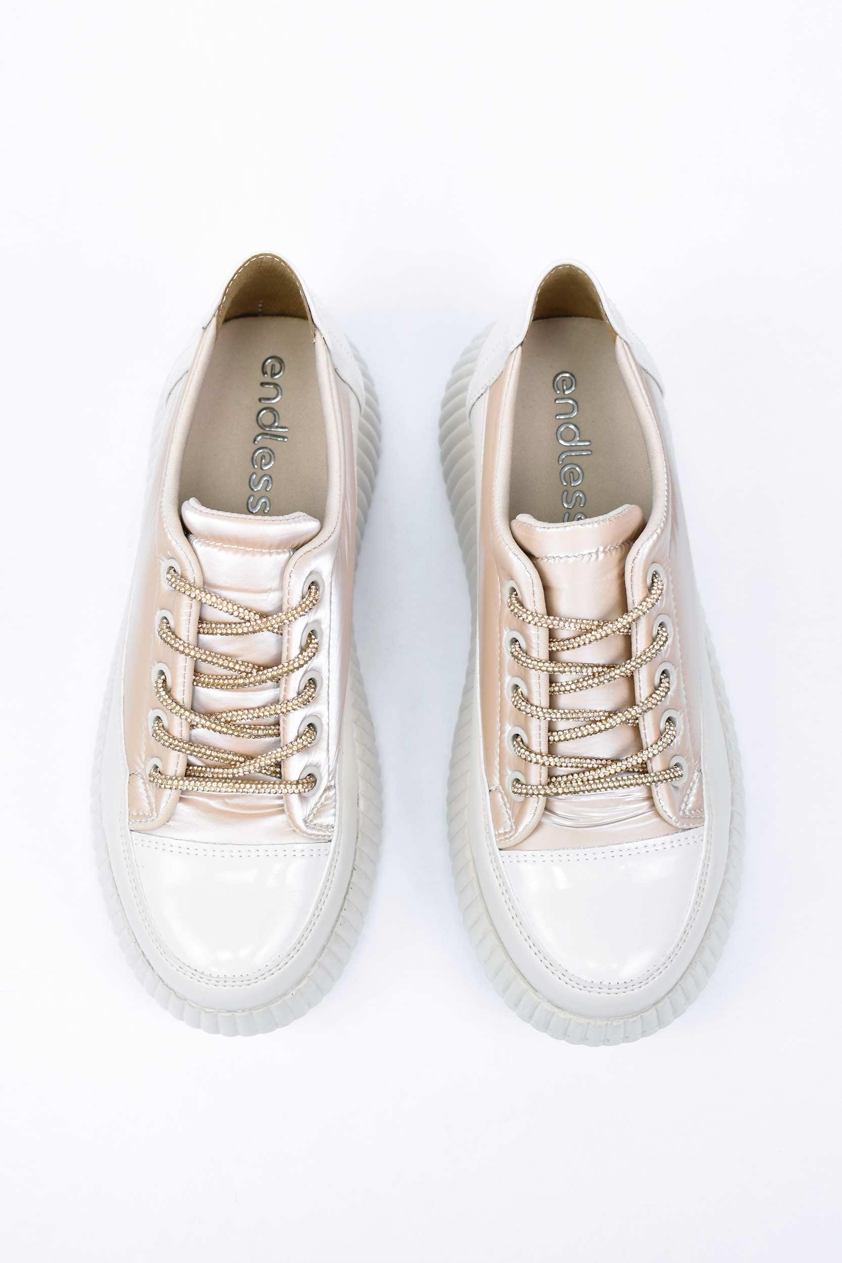 Kadın Taşlı Bağcıklı Rugan Sneaker- Bej