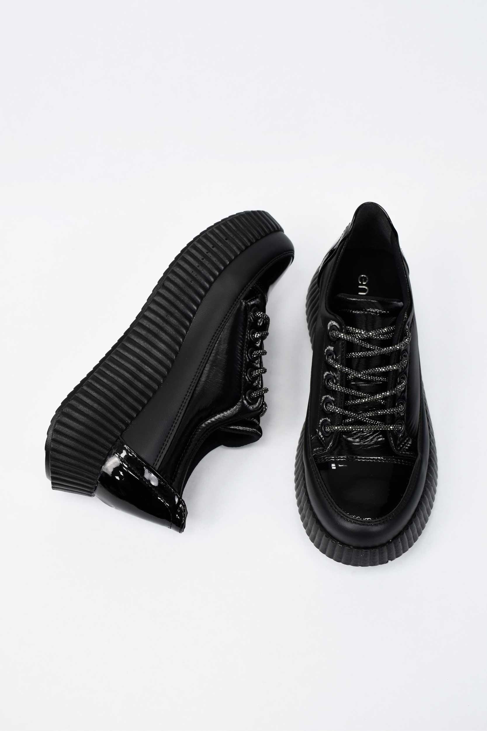 Kadın Taşlı Bağcıklı Rugan Sneaker- Siyah