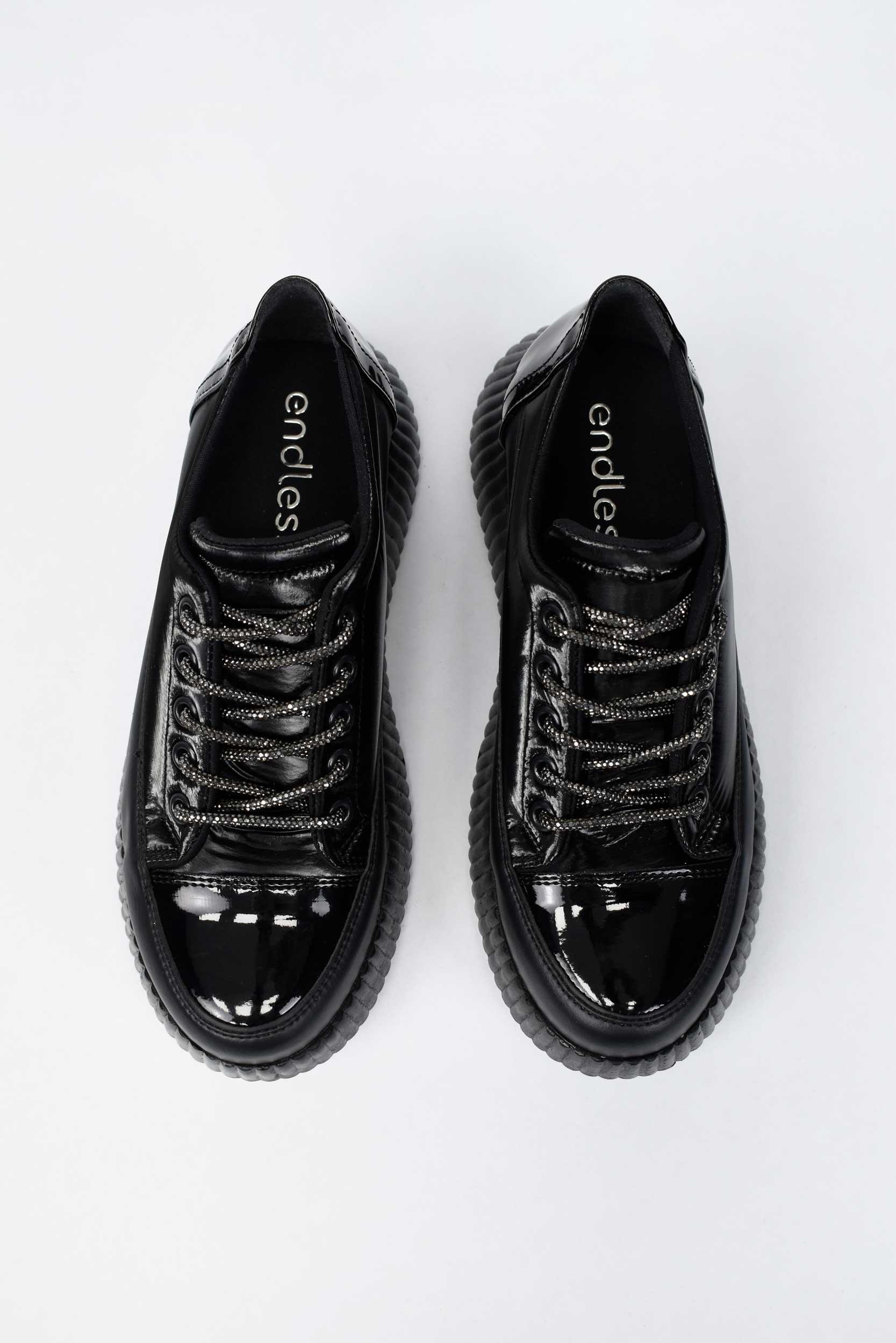 Kadın Taşlı Bağcıklı Rugan Sneaker- Siyah