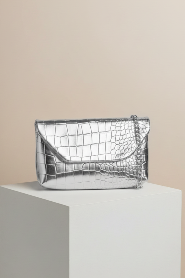 Kadın Timsah Desen Zincirli Baget El ve Omuz Çantası - Gümüş