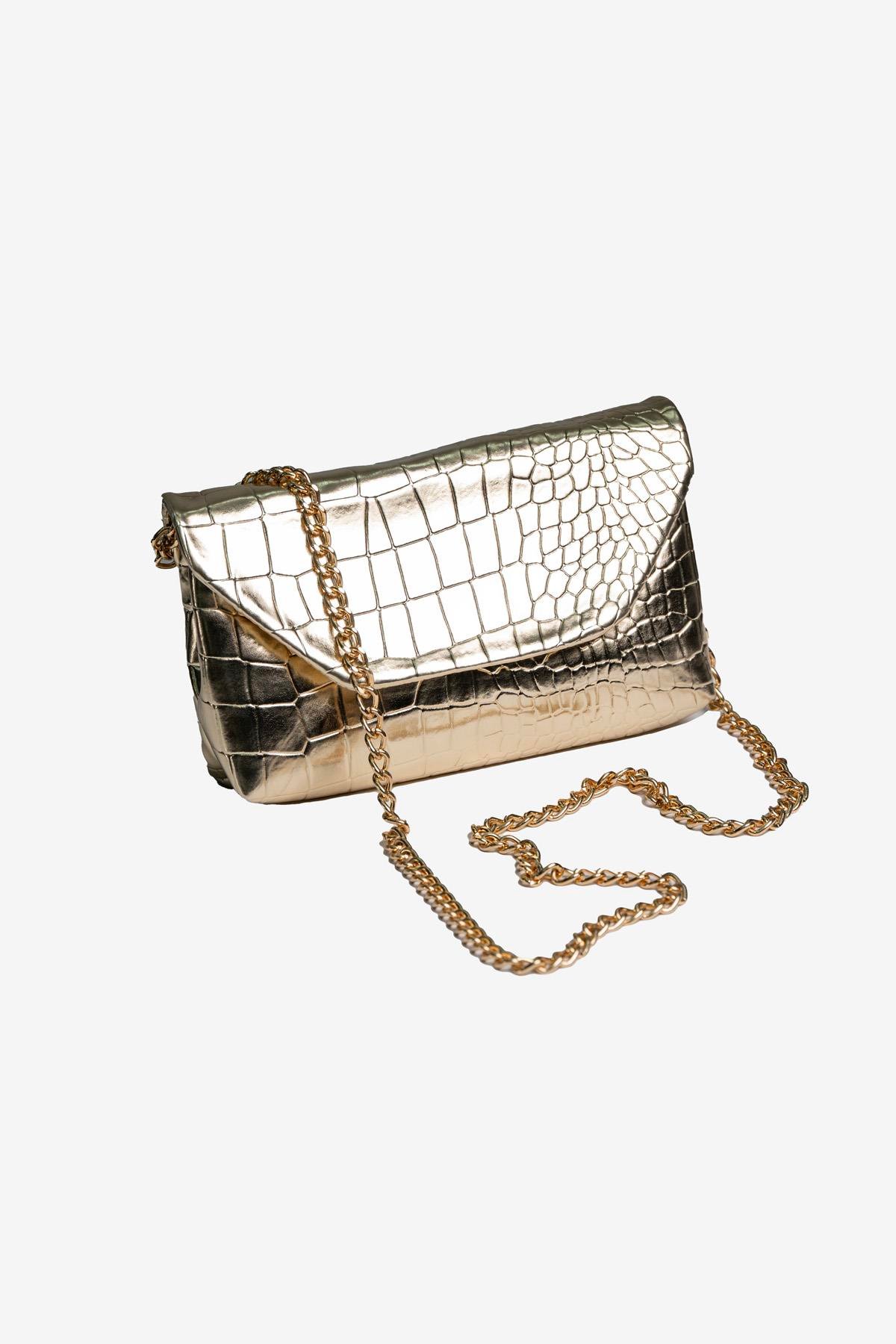 Kadın Timsah Desen Zincirli Baget El ve Omuz Çantası - Gold