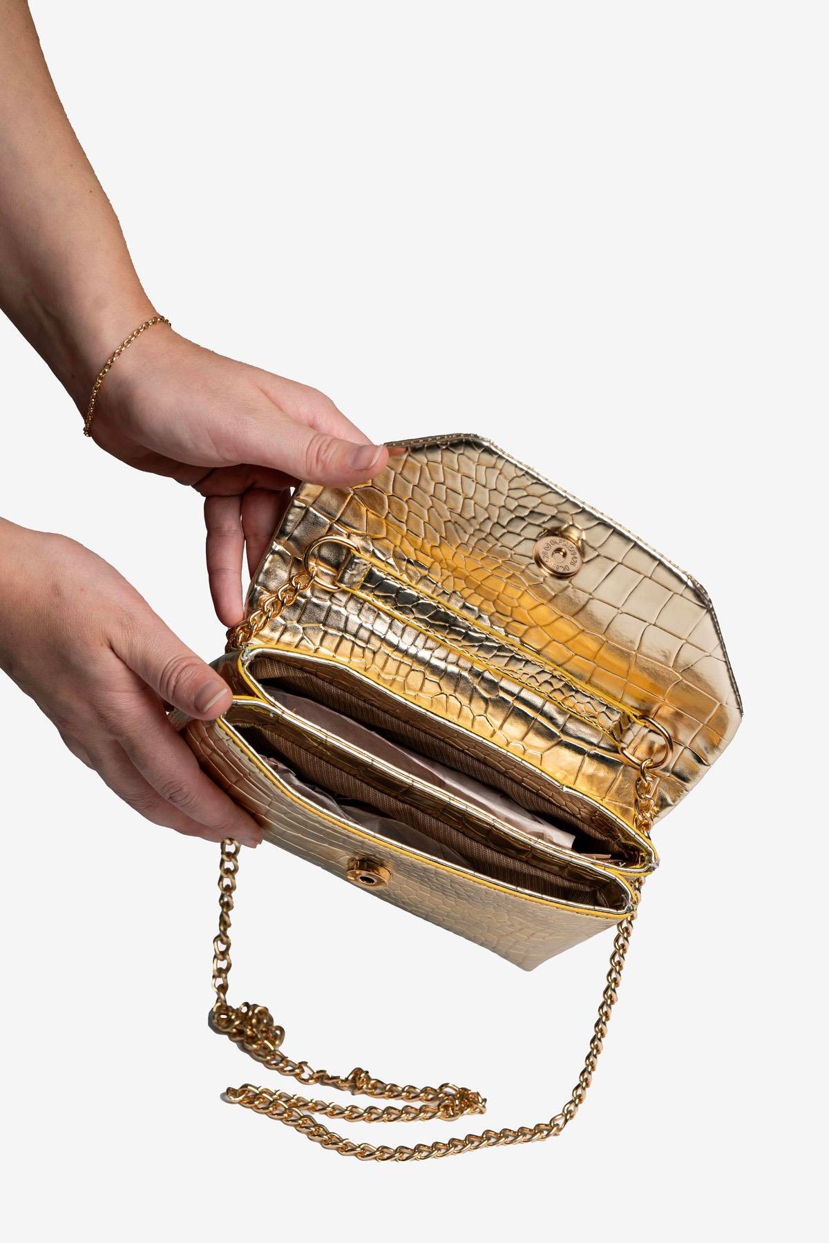 Kadın Timsah Desen Zincirli Baget El ve Omuz Çantası - Gold