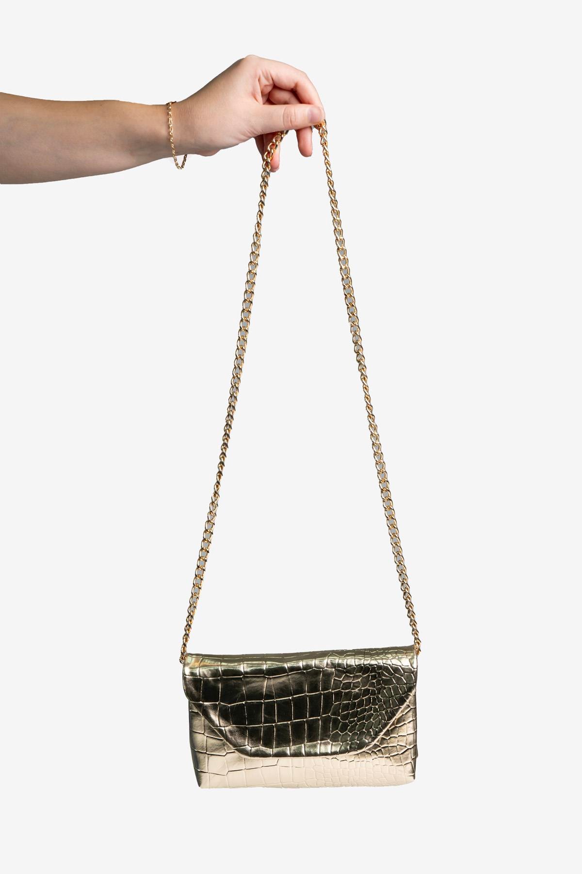 Kadın Timsah Desen Zincirli Baget El ve Omuz Çantası - Gold