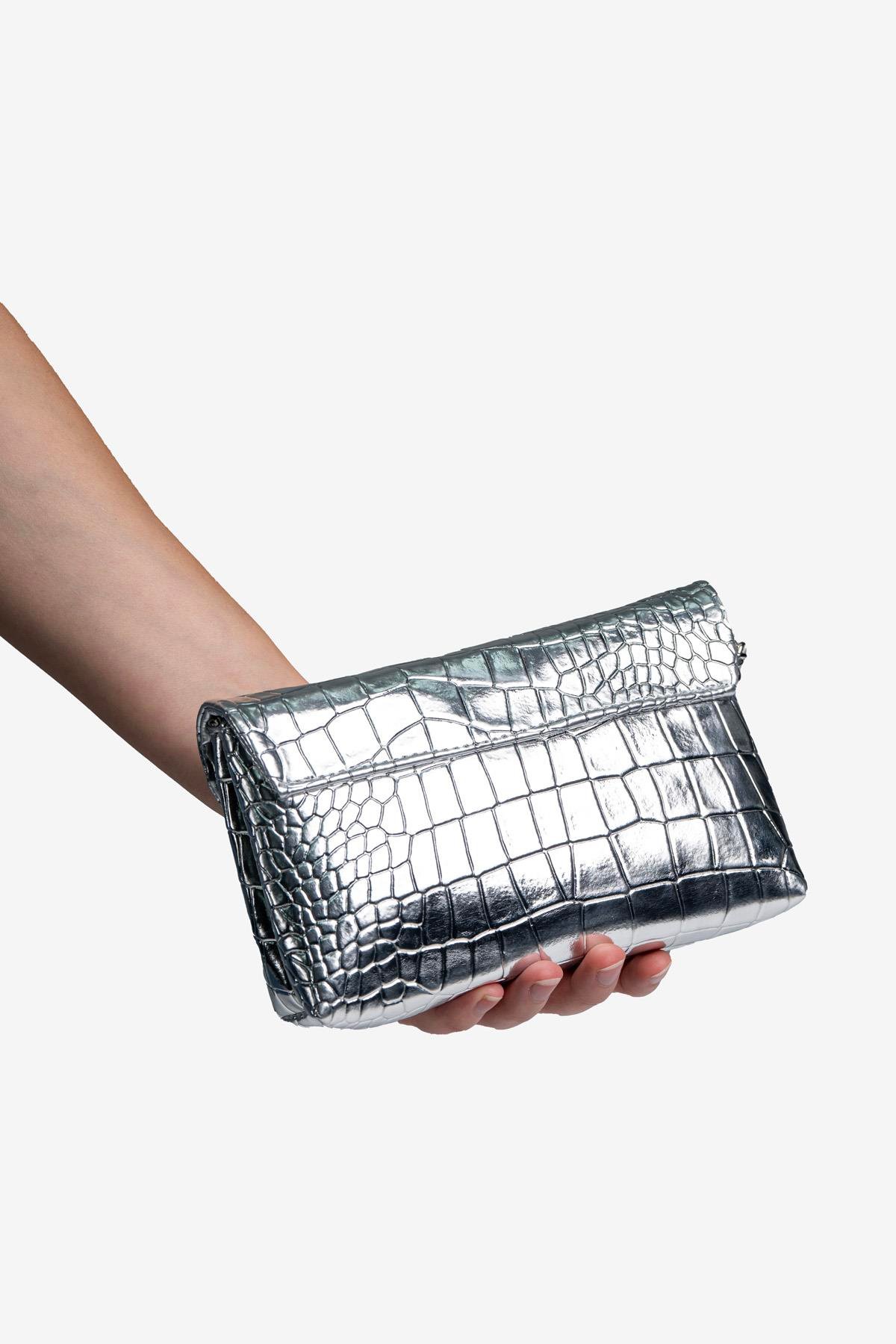 Kadın Timsah Desen Zincirli Baget El ve Omuz Çantası - Gümüş