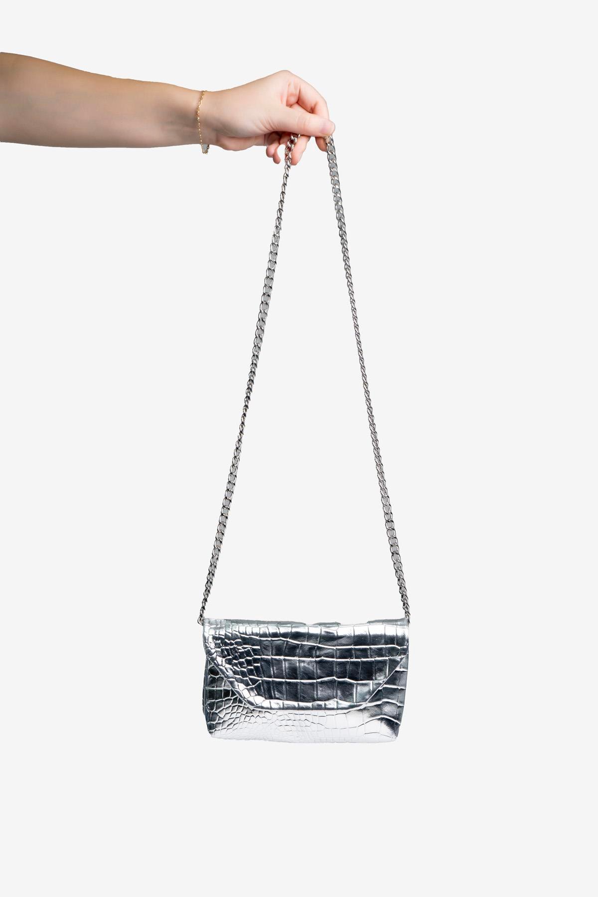 Kadın Timsah Desen Zincirli Baget El ve Omuz Çantası - Gümüş