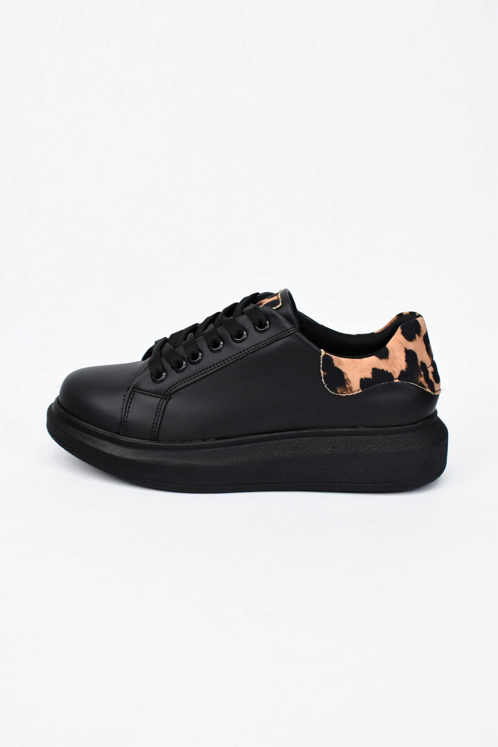 Kadın Yüksek Tabanlı Leopar Desenli Sneaker- Siyah