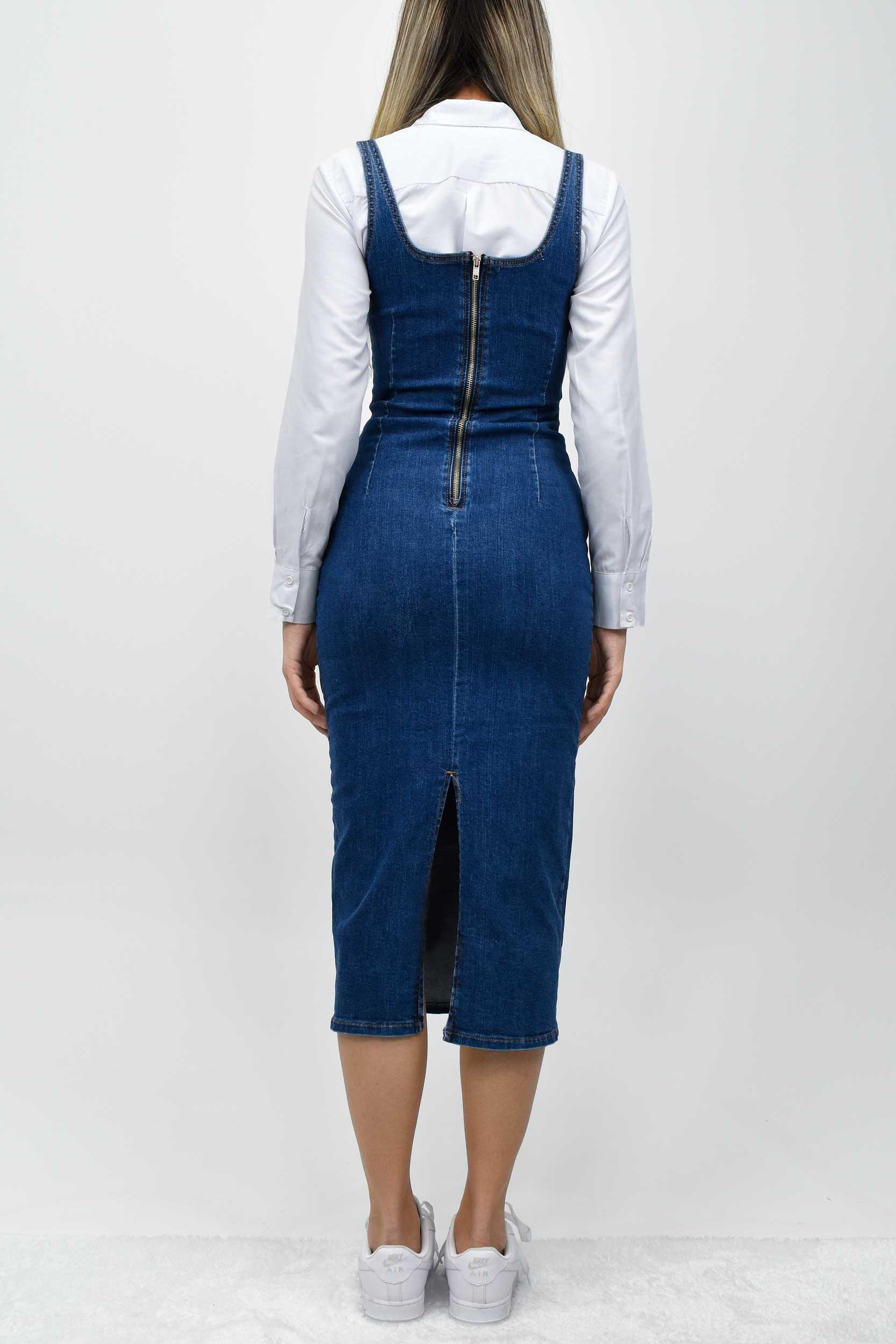 Kalın Askılı Kot Elbise - Koyu Mavi