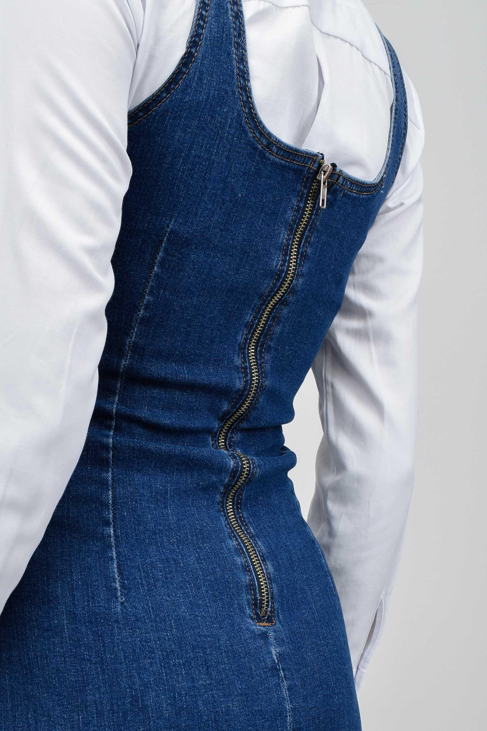 Kalın Askılı Kot Elbise - Koyu Mavi