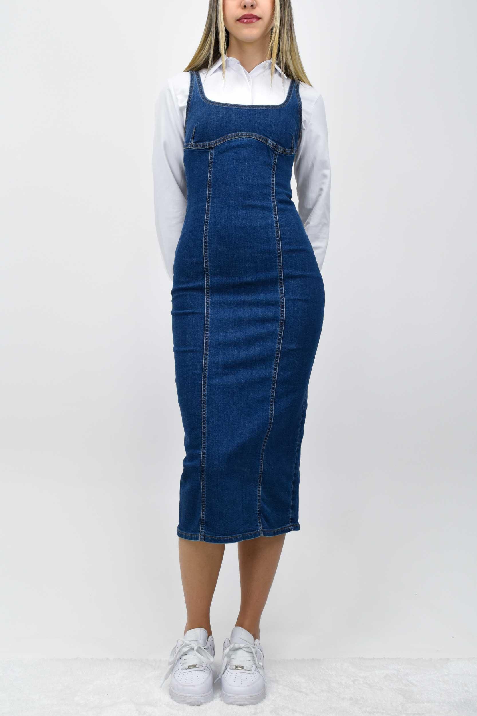 Kalın Askılı Kot Elbise - Koyu Mavi