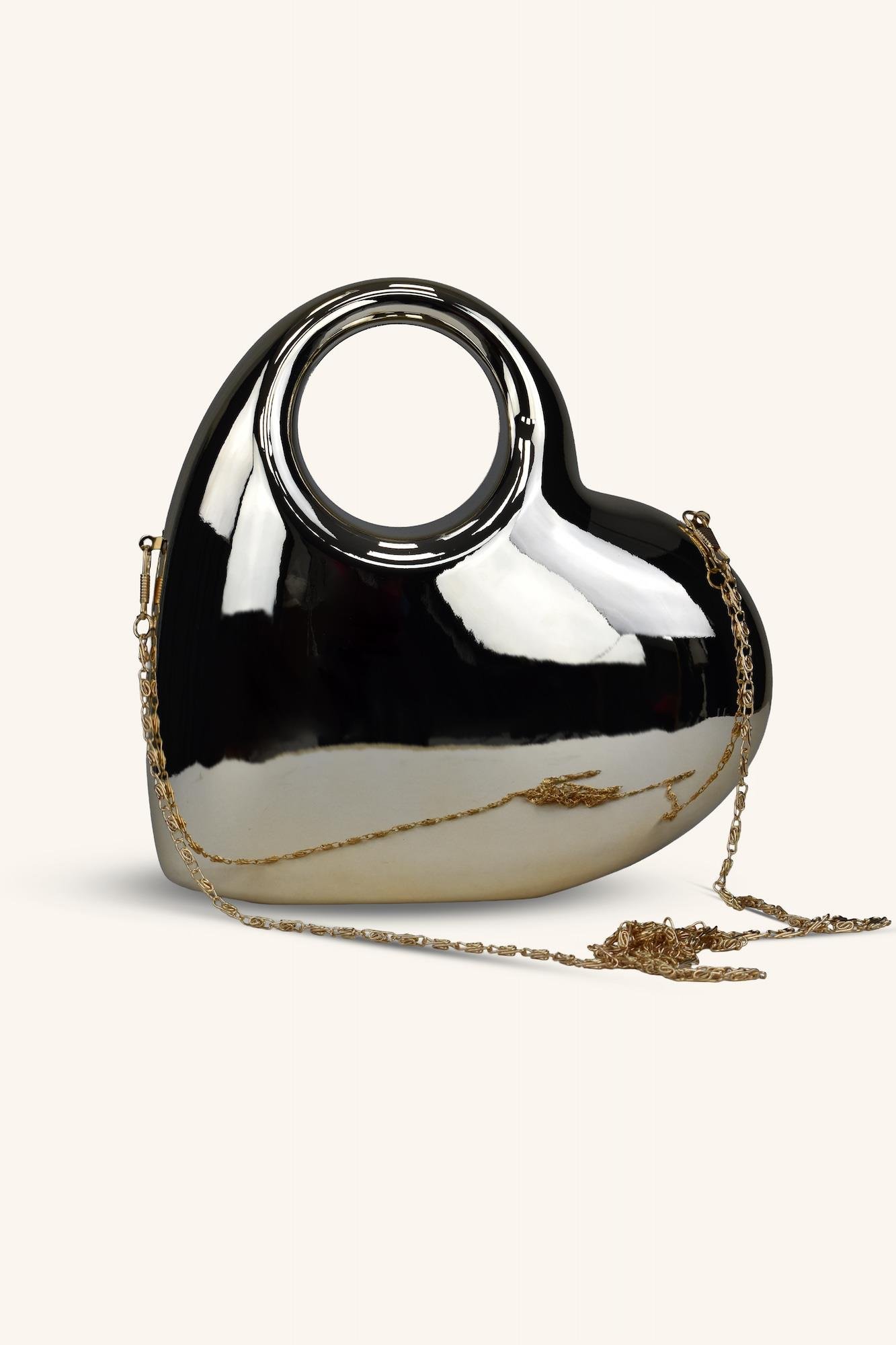 Kalp Model Parlak Abiye Çanta - Gold