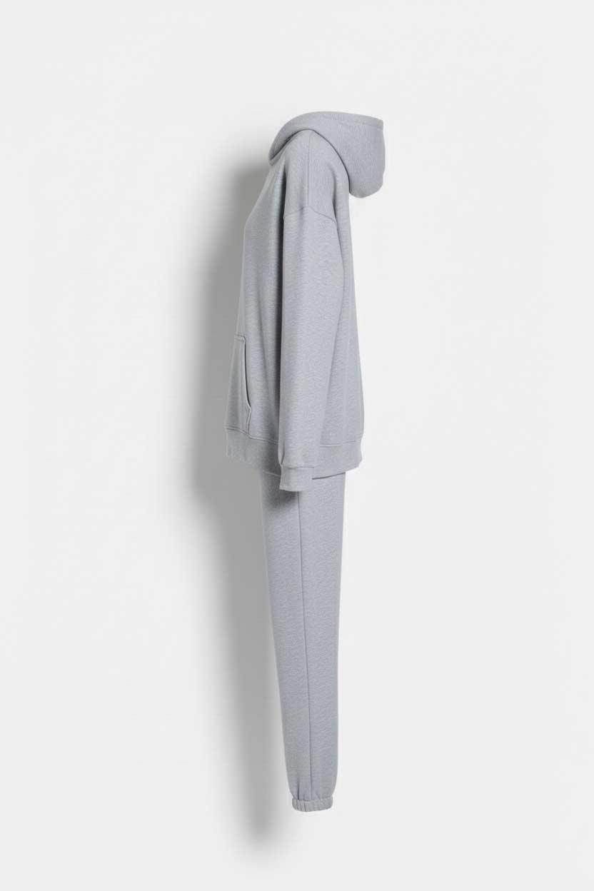 Kapüşonlu Cep Detaylı İki İplik Eşofman Takımı – Açık Gri
