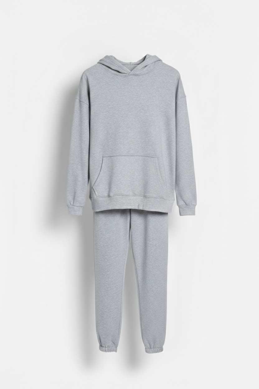 Kapüşonlu Cep Detaylı İki İplik Eşofman Takımı – Açık Gri