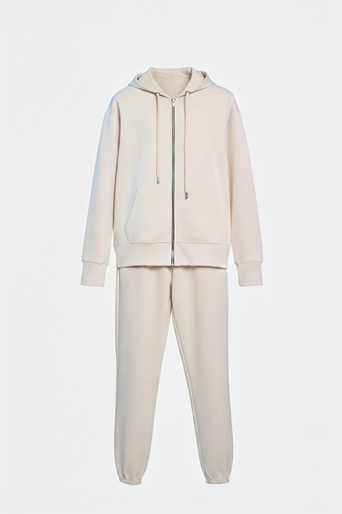 Kapüşonlu Fermuarlı Modal Kumaş Eşofman Takımı –Krem
