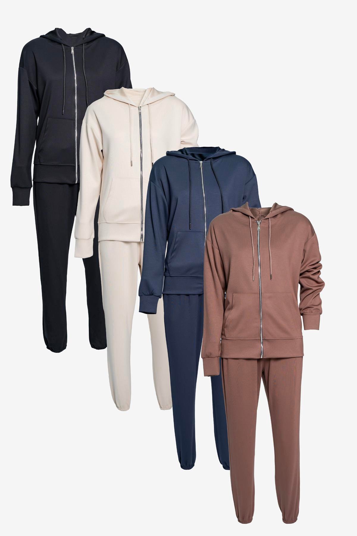 Kapüşonlu Fermuarlı Modal Kumaş Eşofman Takımı –Krem