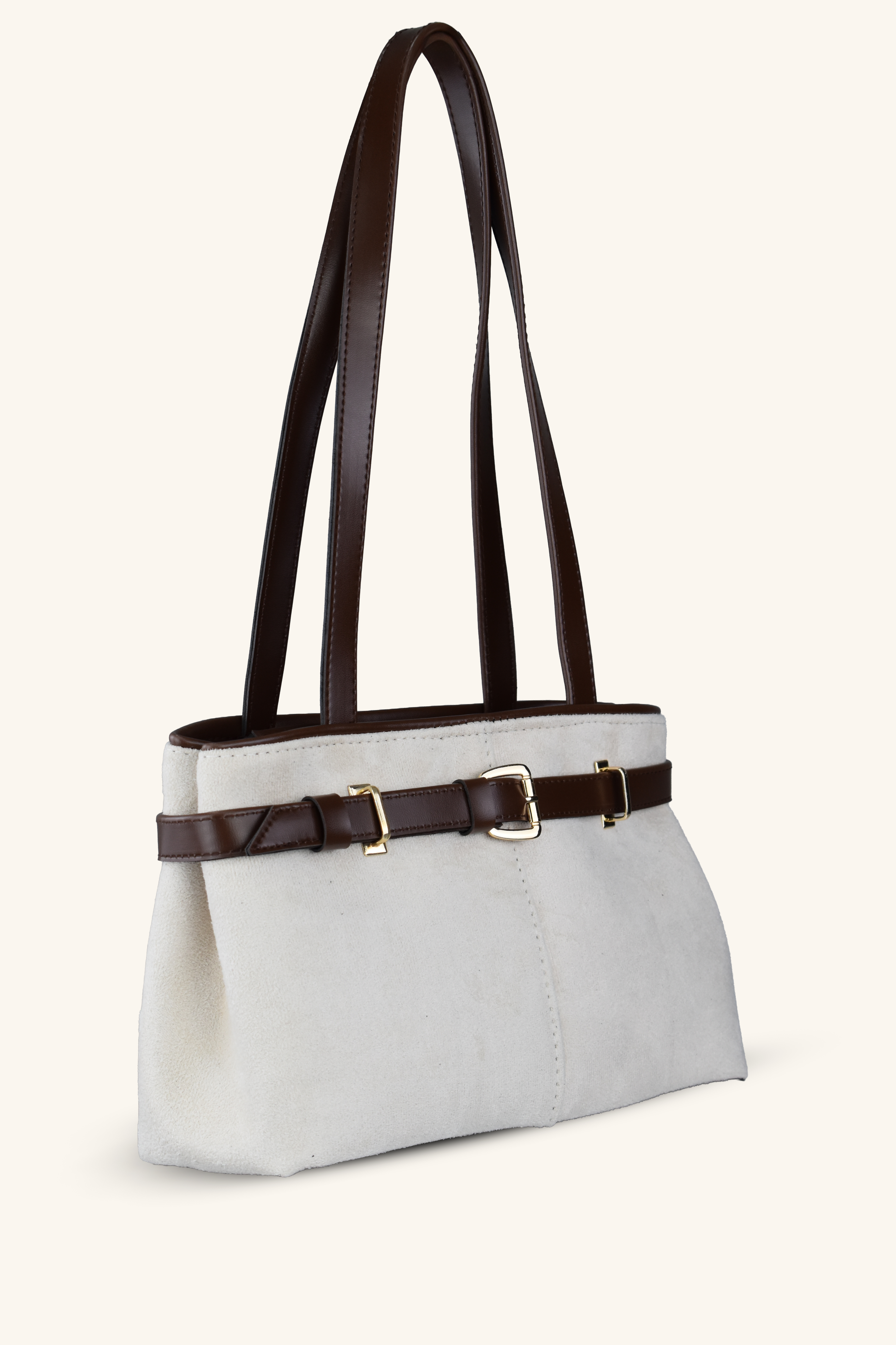 Kemer Detaylı Süet El ve Omuz Çantası - Krem