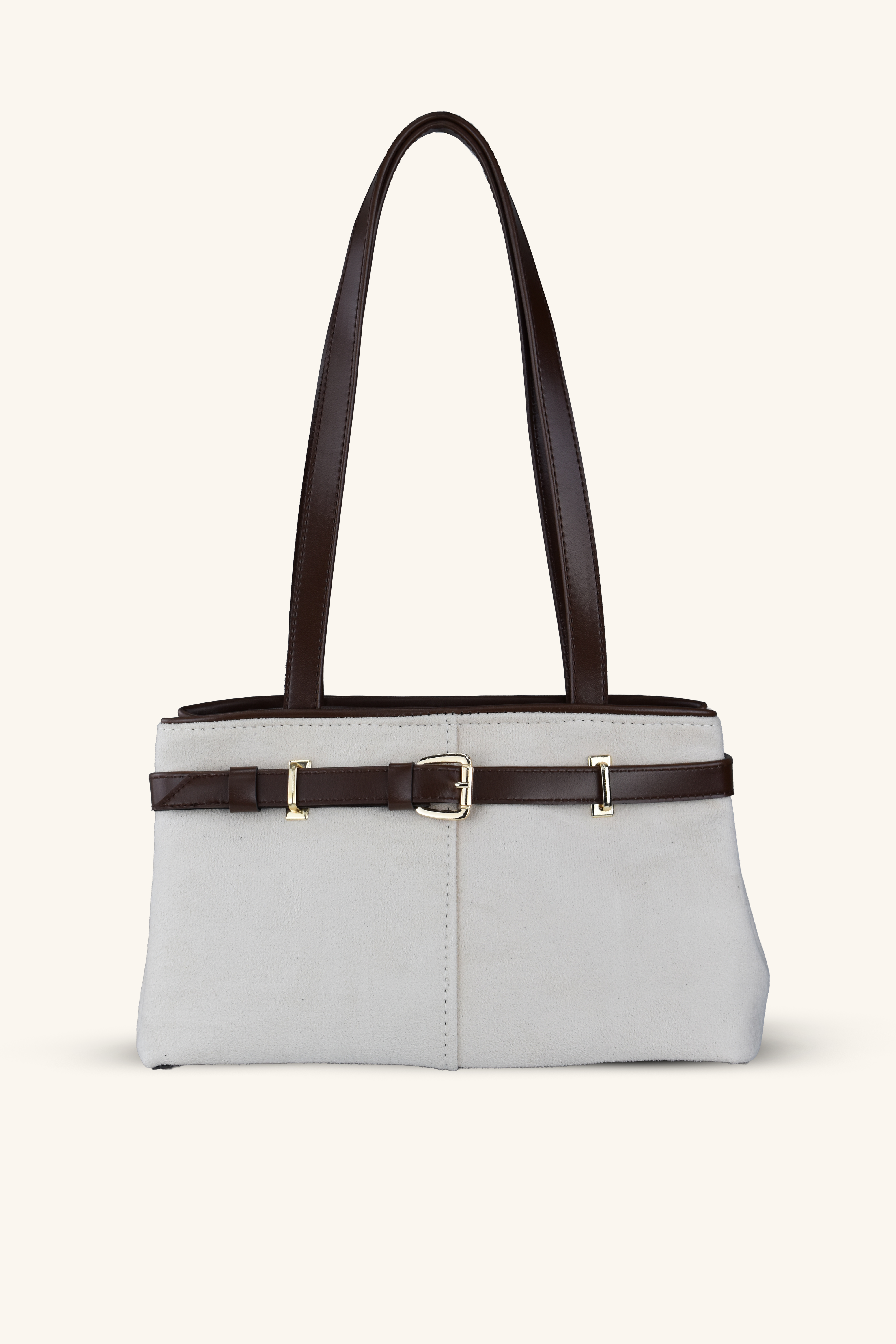 Kemer Detaylı Süet El ve Omuz Çantası - Krem