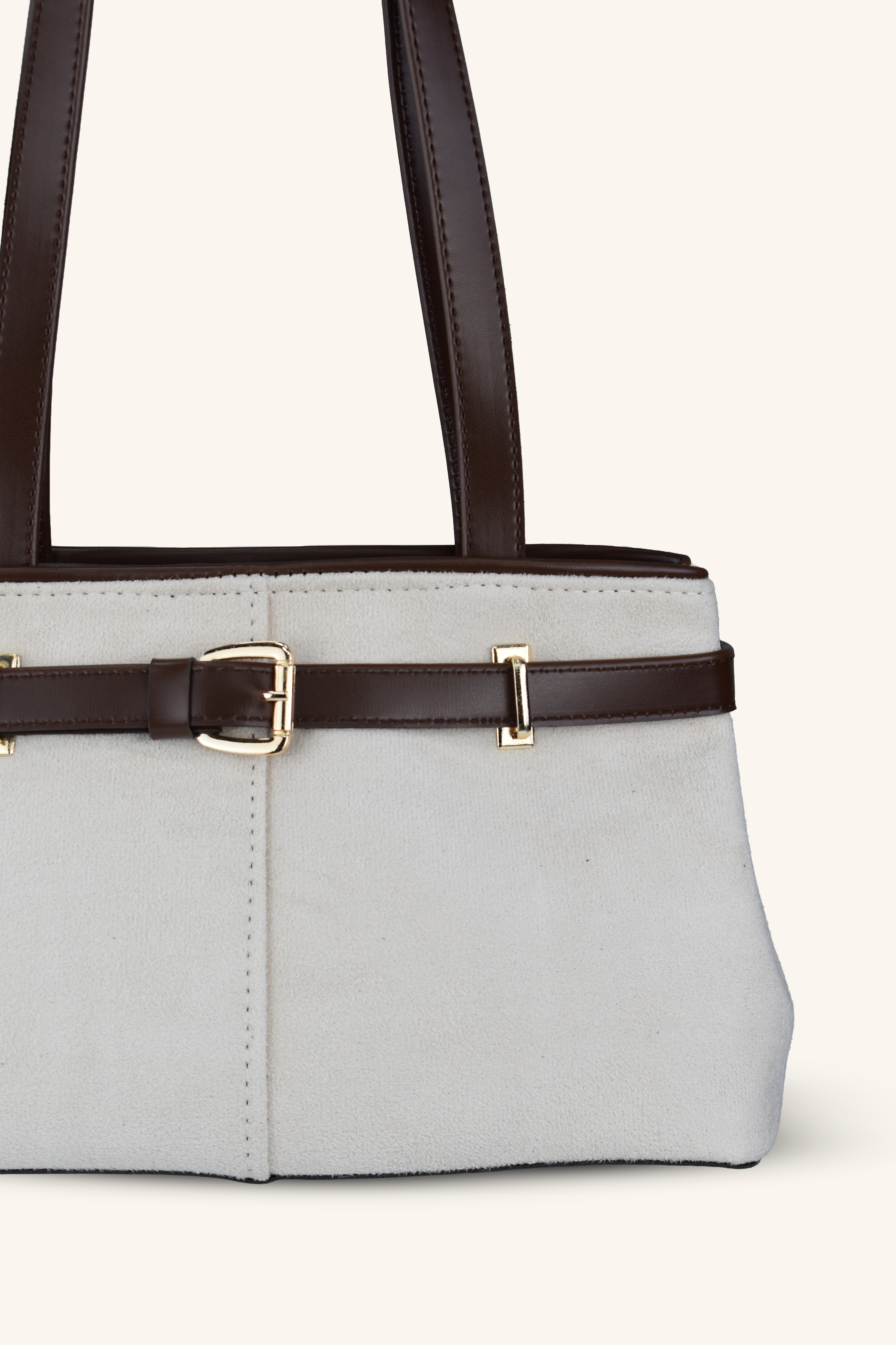 Kemer Detaylı Süet El ve Omuz Çantası - Krem