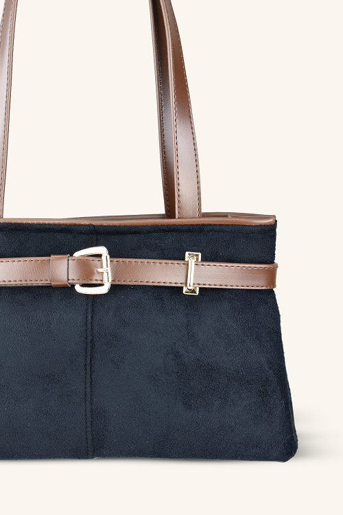 Kemer Detaylı Süet El ve Omuz Çantası - Siyah