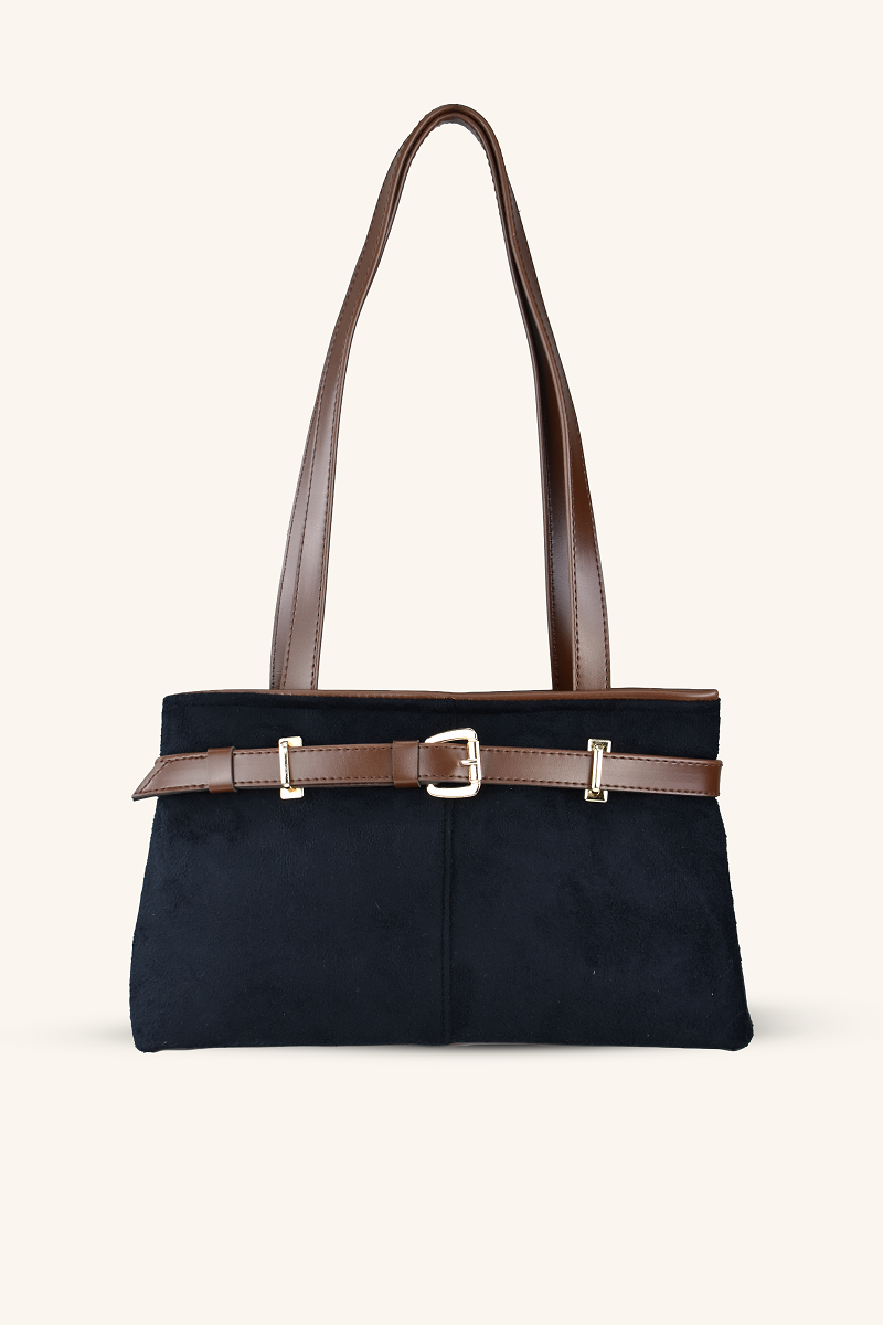 Kemer Detaylı Süet El ve Omuz Çantası - Siyah