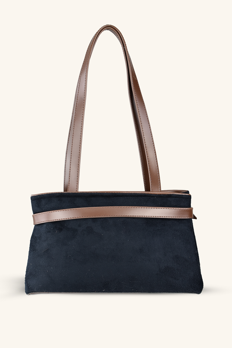 Kemer Detaylı Süet El ve Omuz Çantası - Siyah