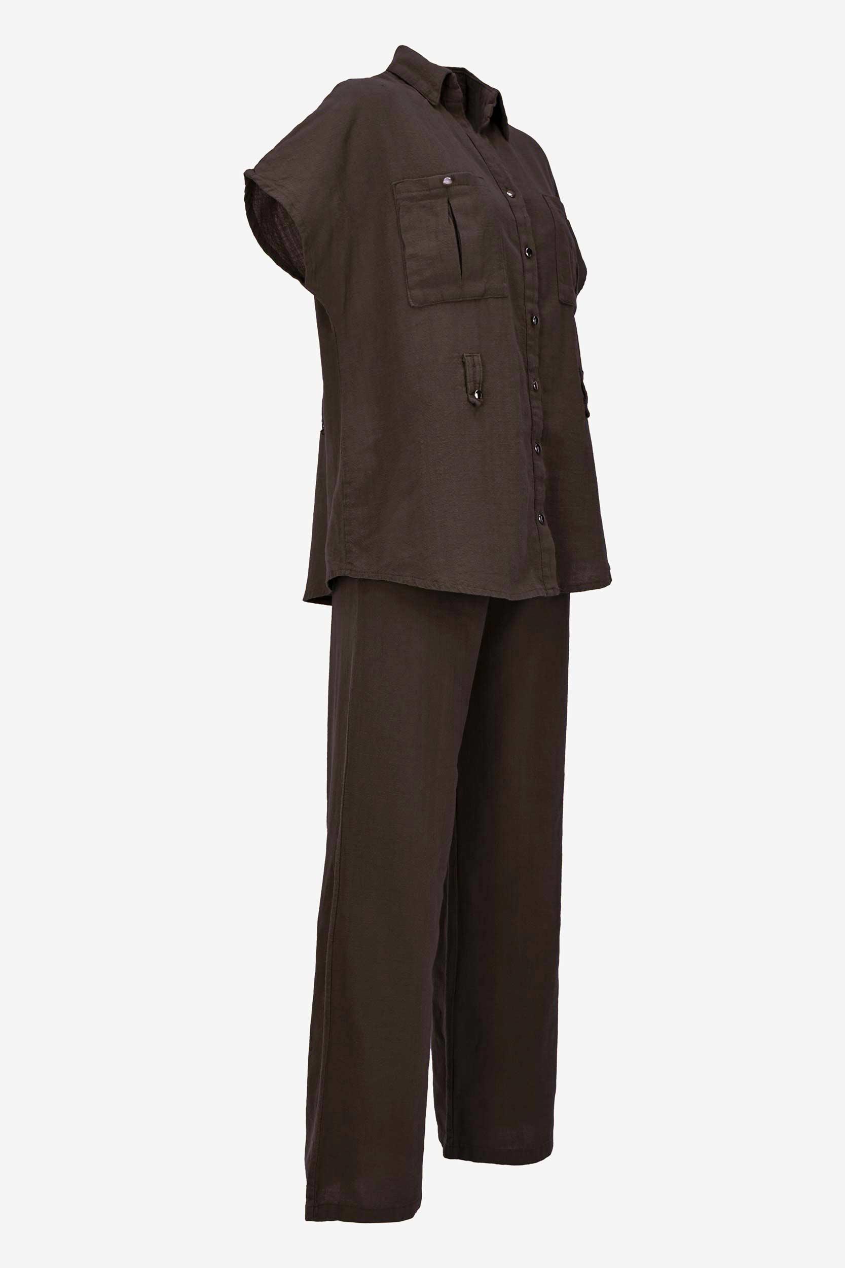 Keten Kuşaklı Gömlek Pantolon Takım - Acı Kahve