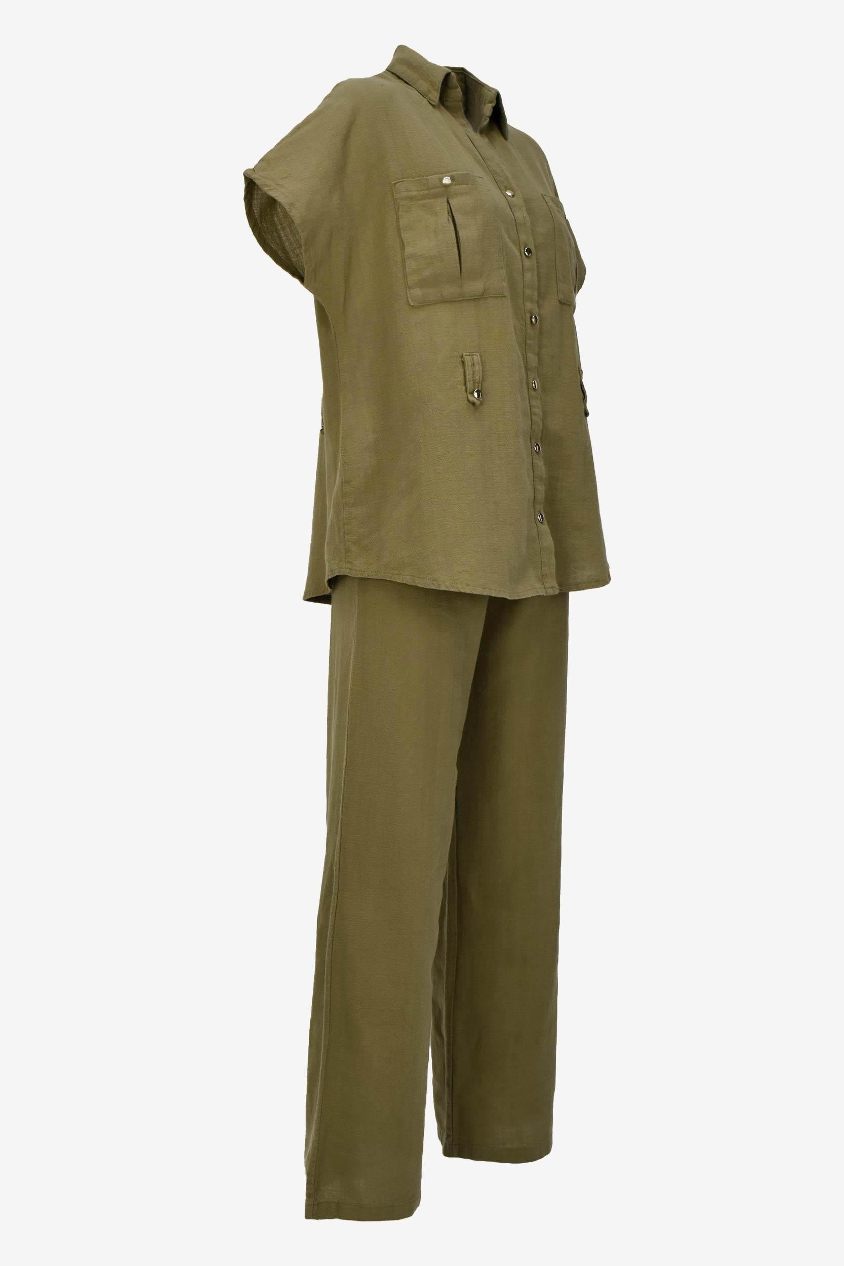 Keten Kuşaklı Gömlek Pantolon Takım - Haki