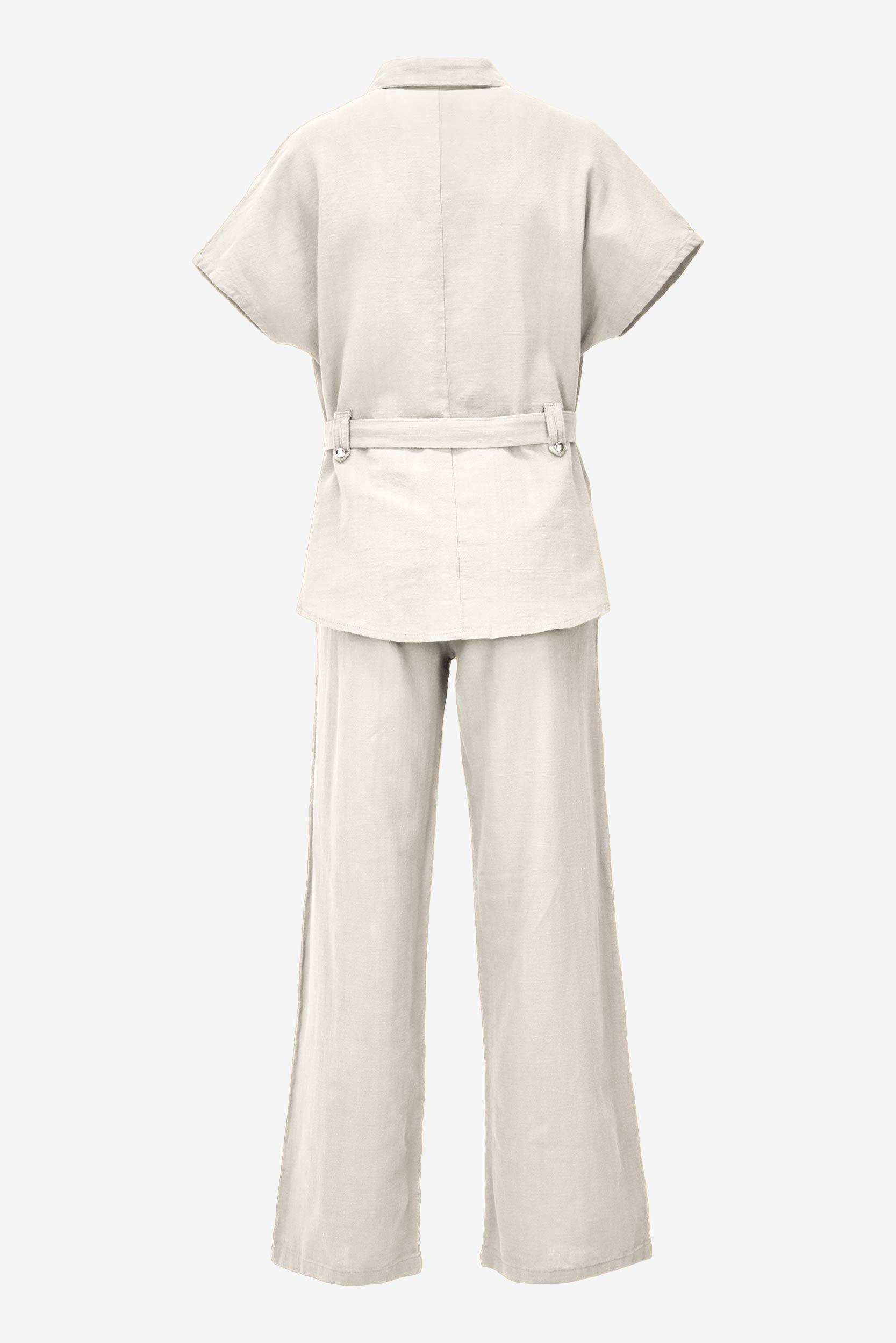 Keten Kuşaklı Gömlek Pantolon Takım - Krem
