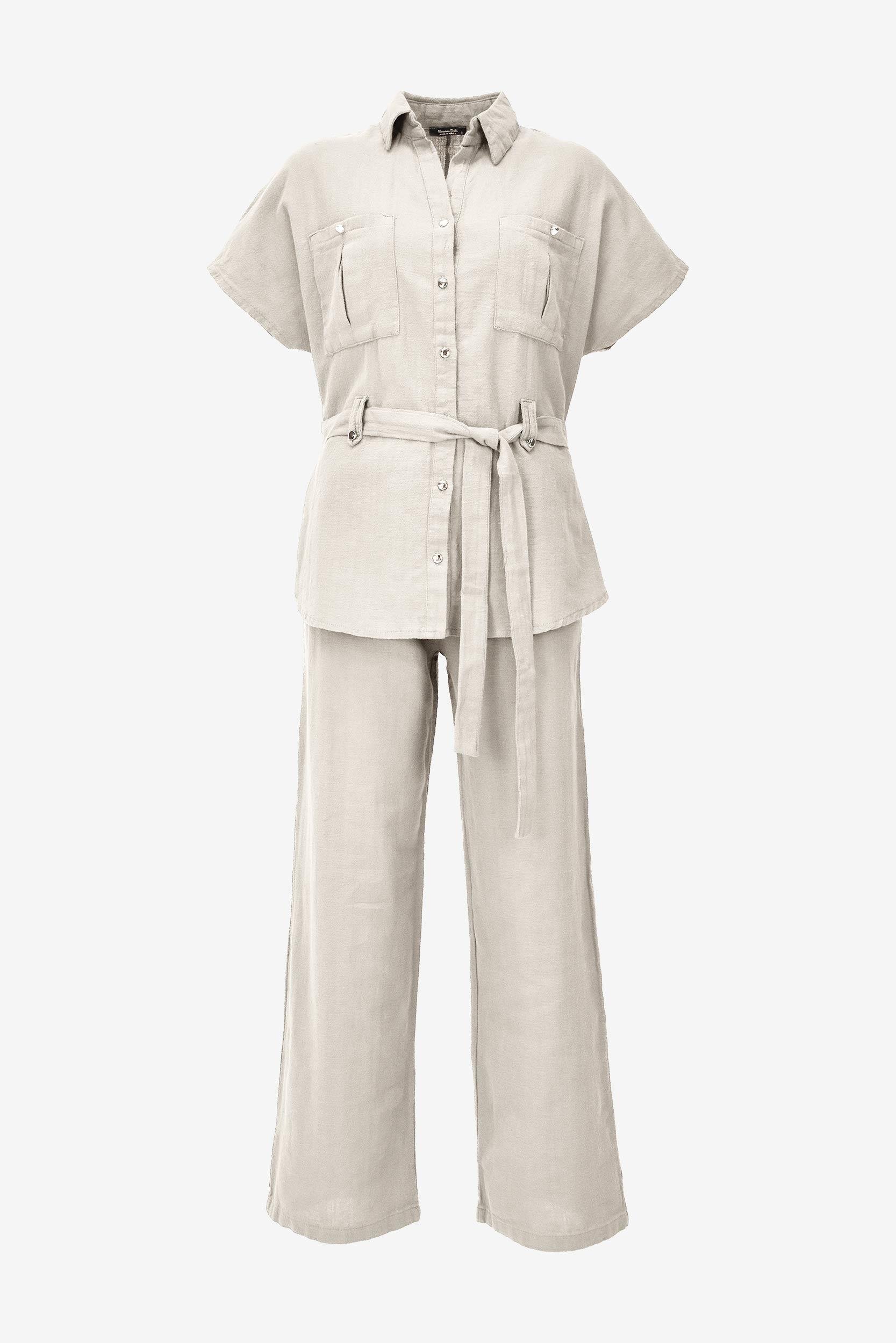 Keten Kuşaklı Gömlek Pantolon Takım - Krem