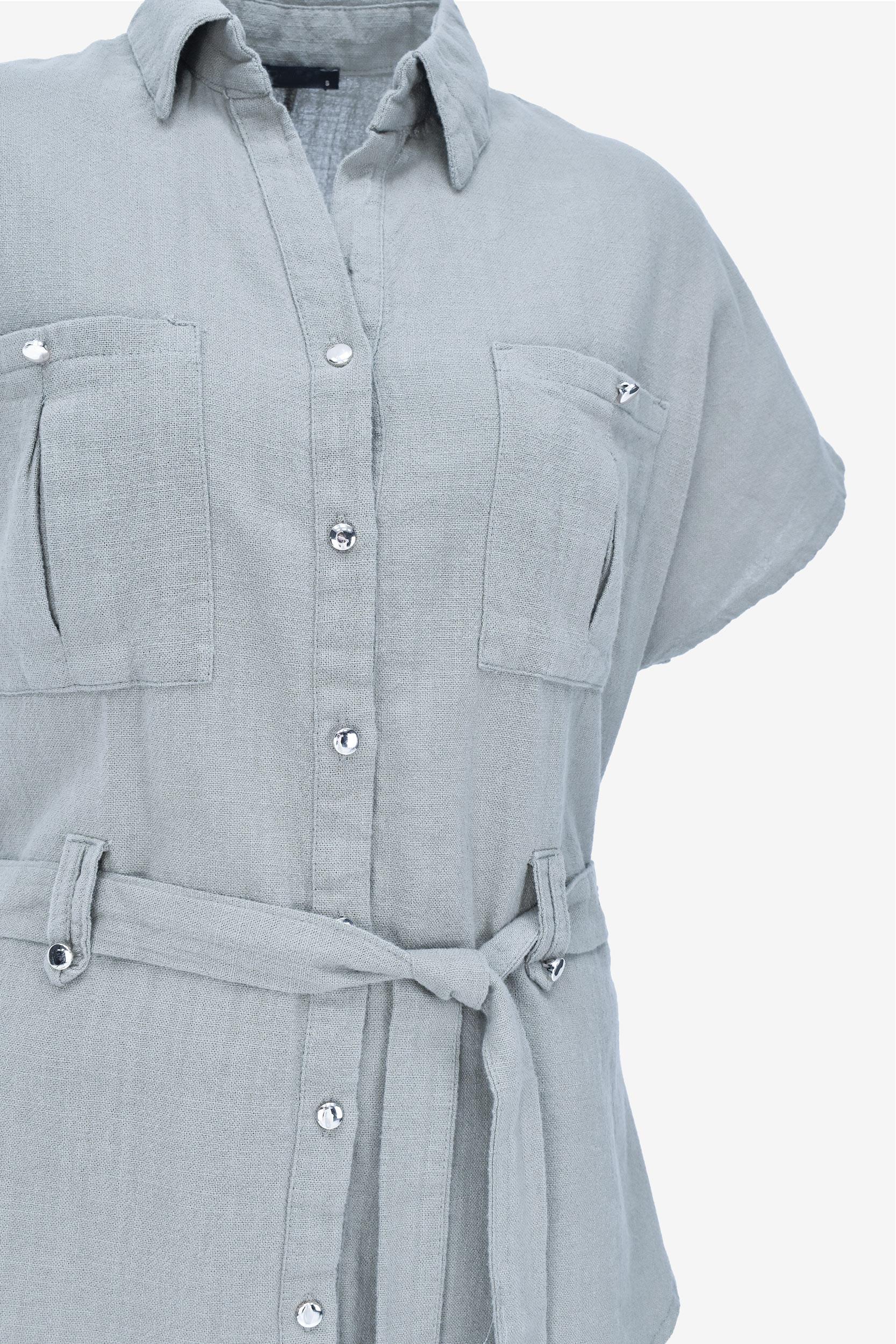 Keten Kuşaklı Gömlek Pantolon Takım - Mavi