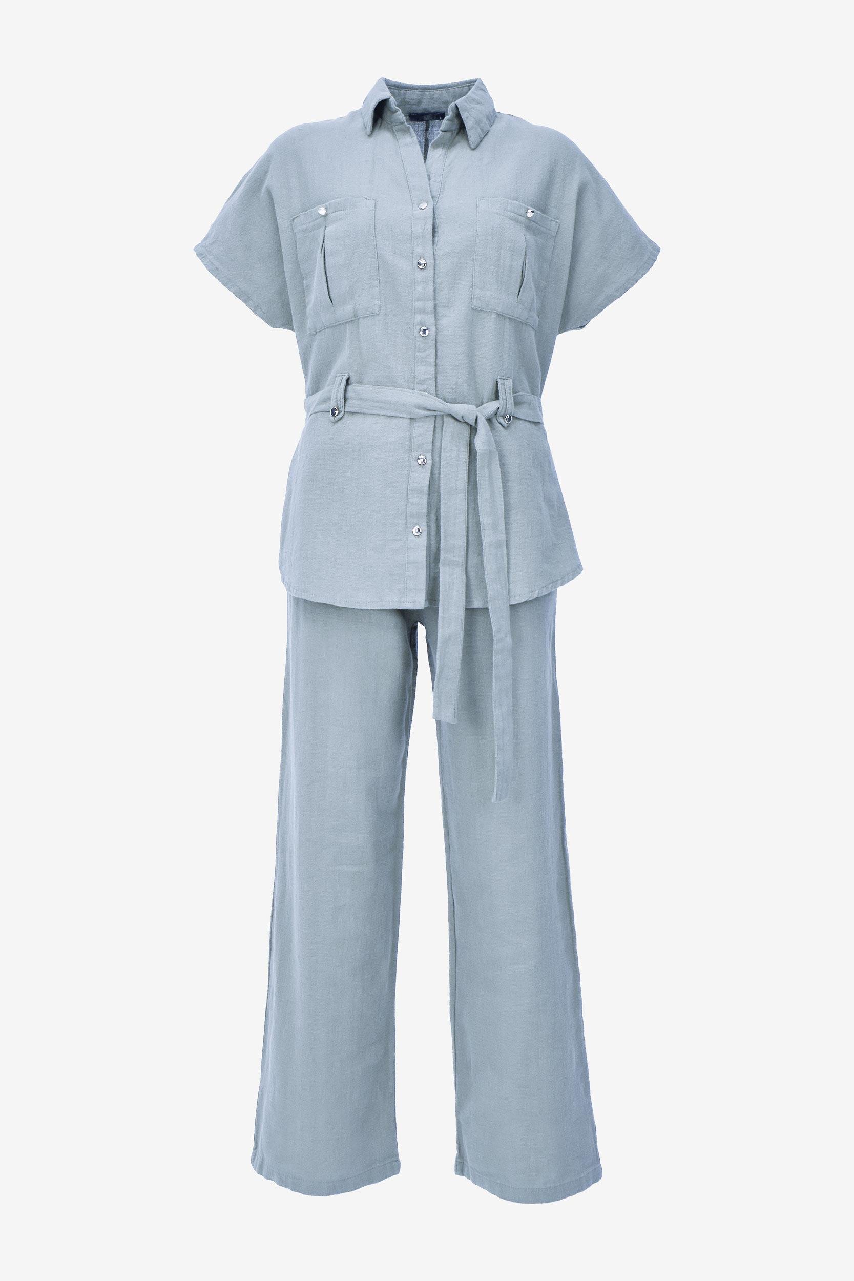 Keten Kuşaklı Gömlek Pantolon Takım - Mavi
