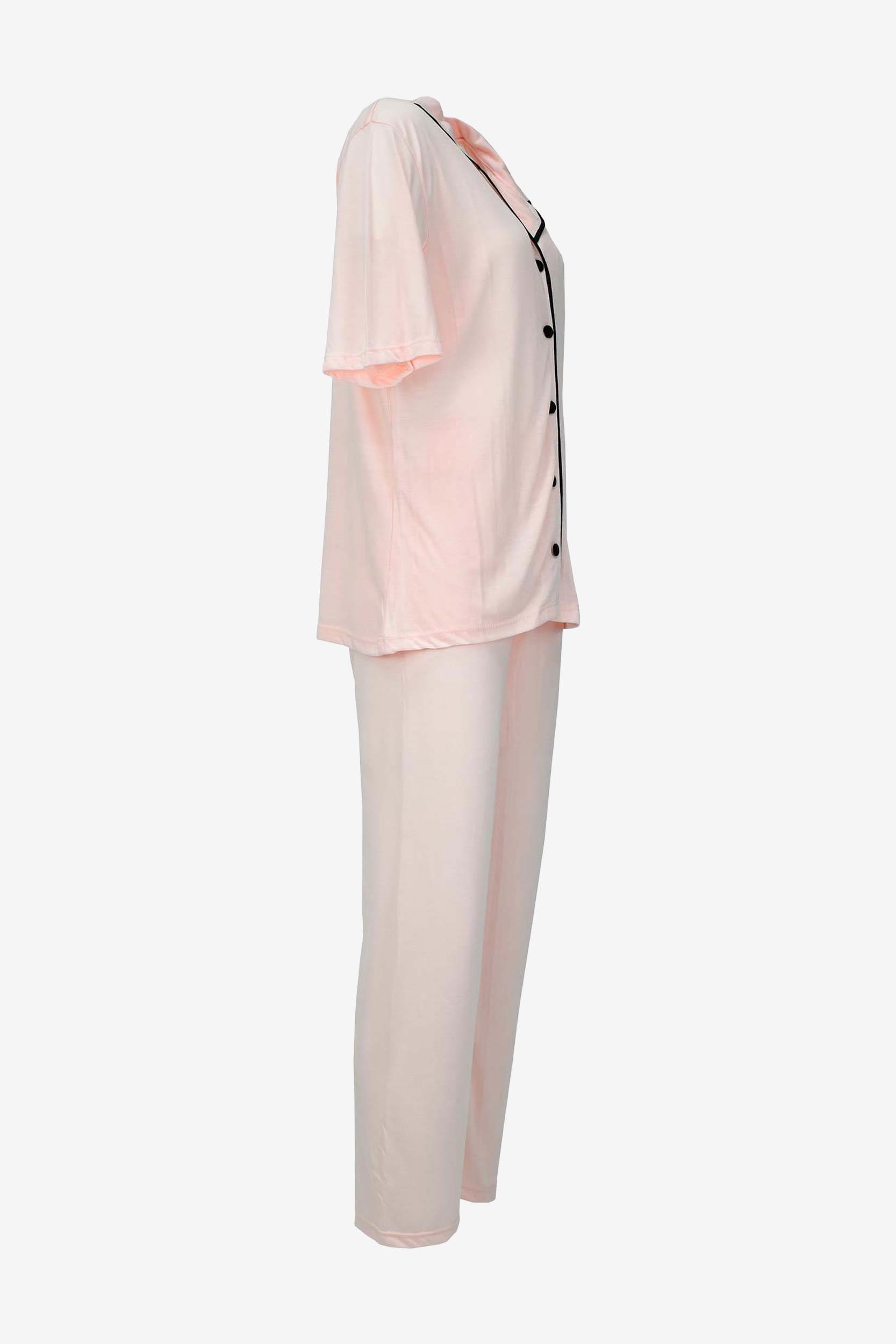 Kısa Kollu Düğmeli Biyeli Pijama Takımı -Somon