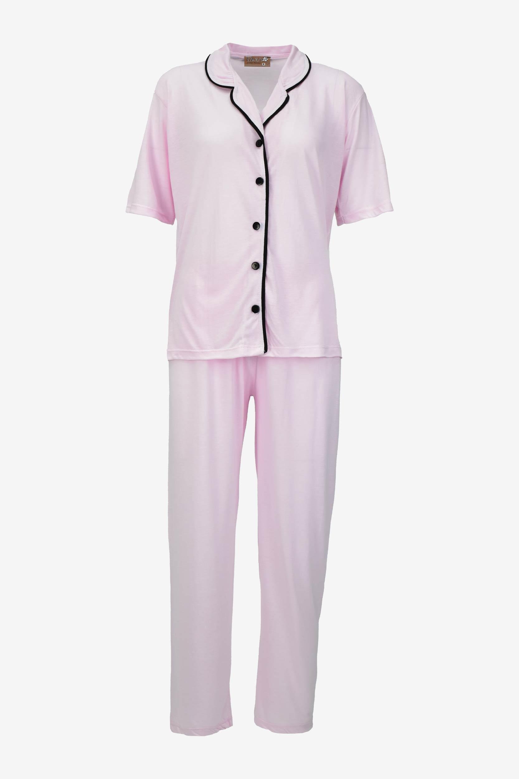 Kısa Kollu Düğmeli Biyeli Pijama Takımı -Toz Pembe