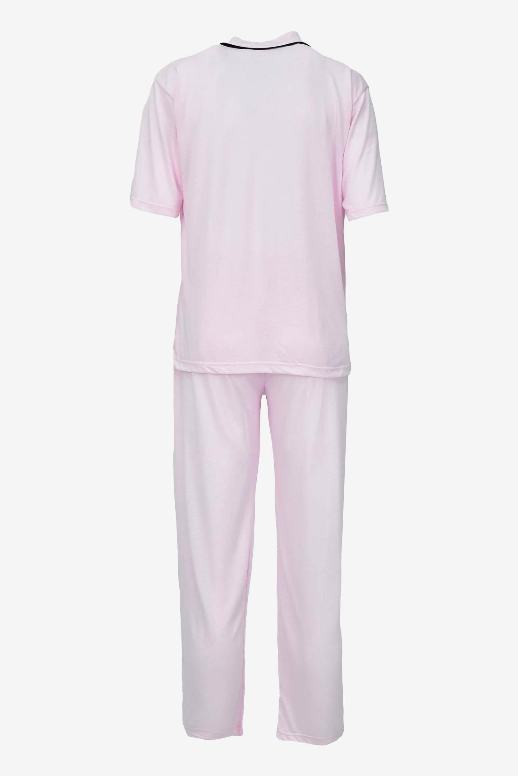 Kısa Kollu Düğmeli Biyeli Pijama Takımı -Pembe