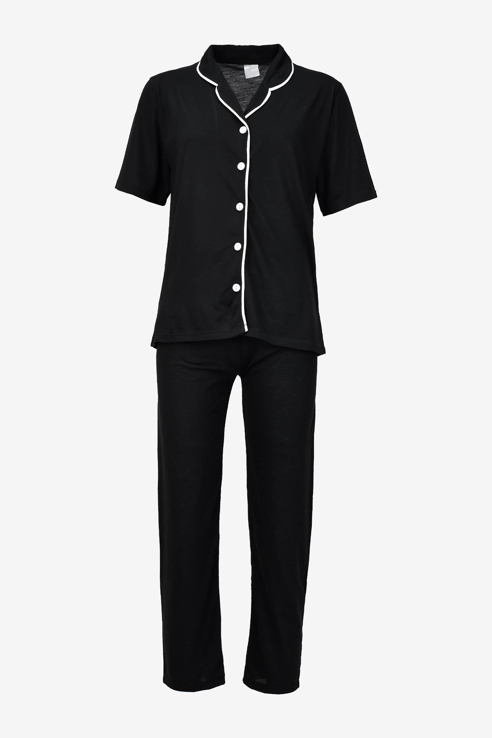 Kısa Kollu Düğmeli Biyeli Pijama Takımı -Siyah