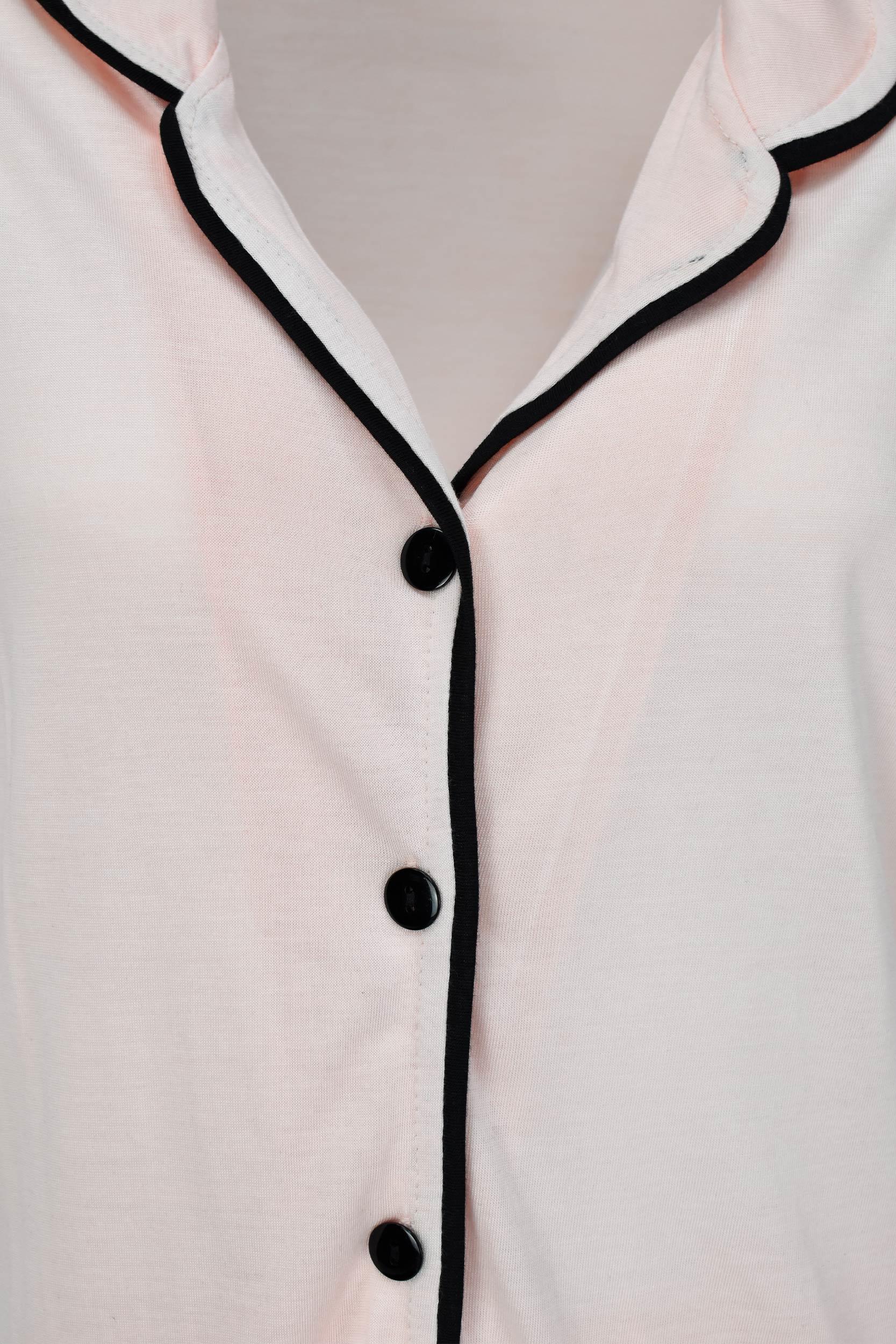 Kısa Kollu Düğmeli Biyeli Pijama Takımı -Somon