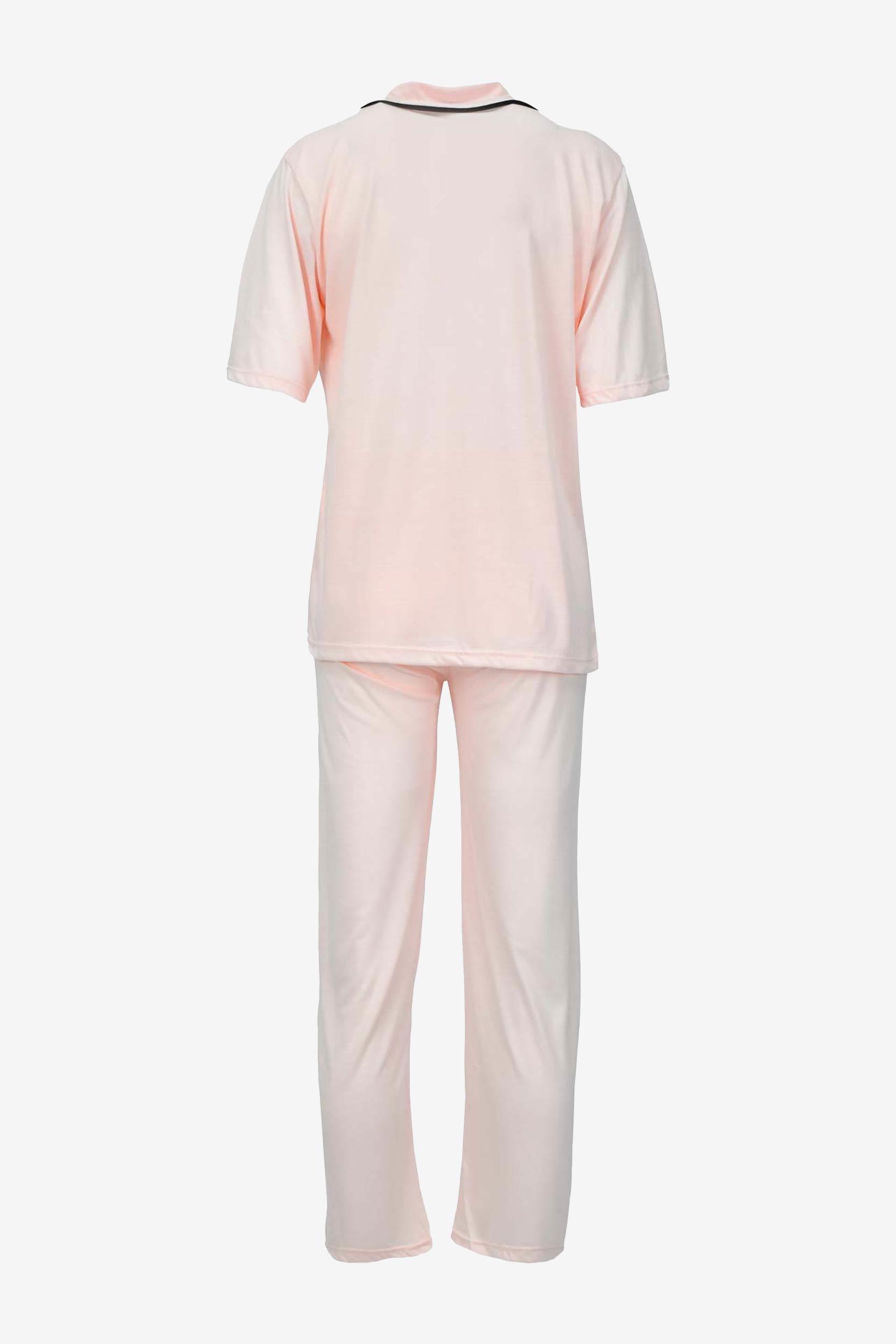 Kısa Kollu Düğmeli Biyeli Pijama Takımı -Somon